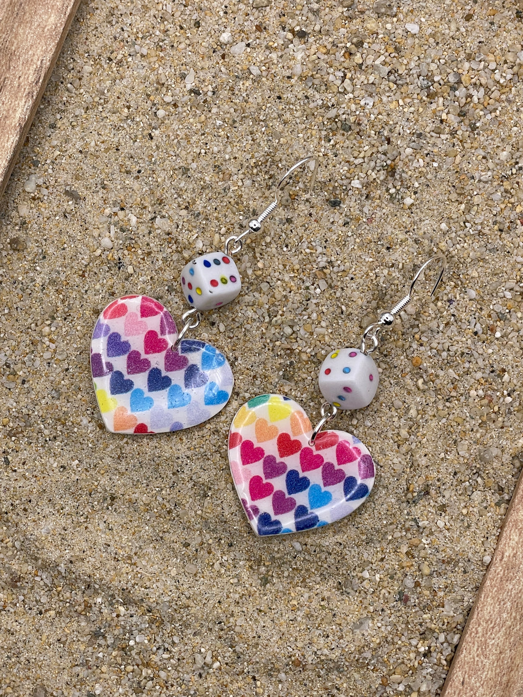 Love-Rainbow Heart Print with Dice Earrings: Handmade, Hand-Painted Polymer Clay