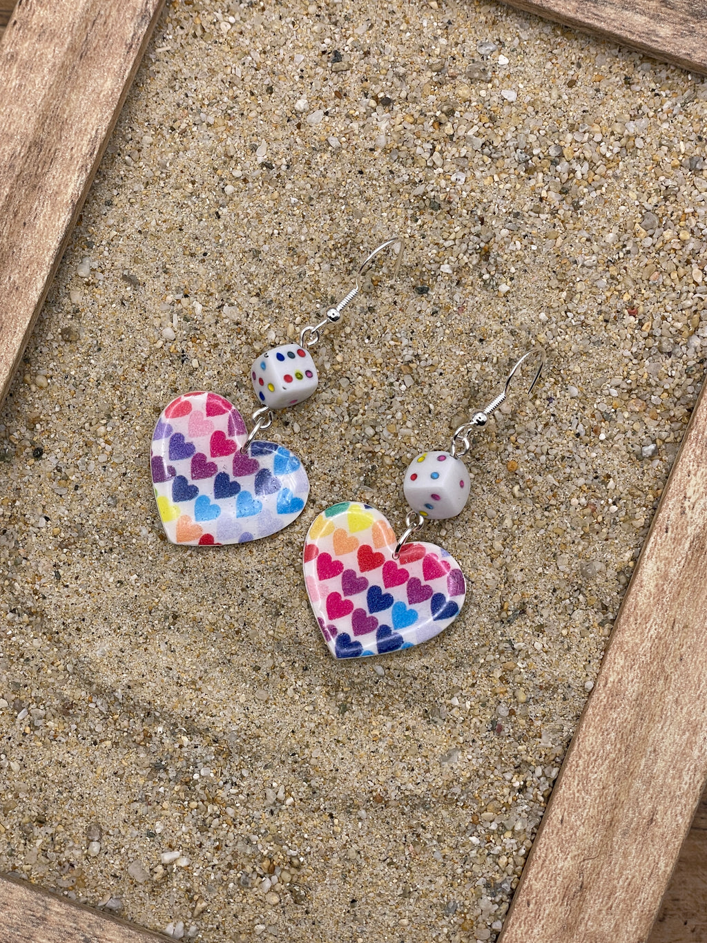Love-Rainbow Heart Print with Dice Earrings: Handmade, Hand-Painted Polymer Clay