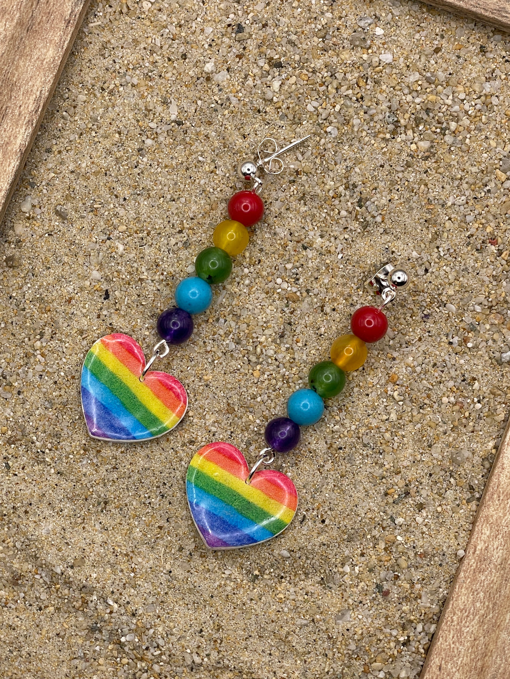 Love-Rainbow Heart with Rainbow Bead Detail Earrings: Handmade, Hand-Painted Polymer Clay