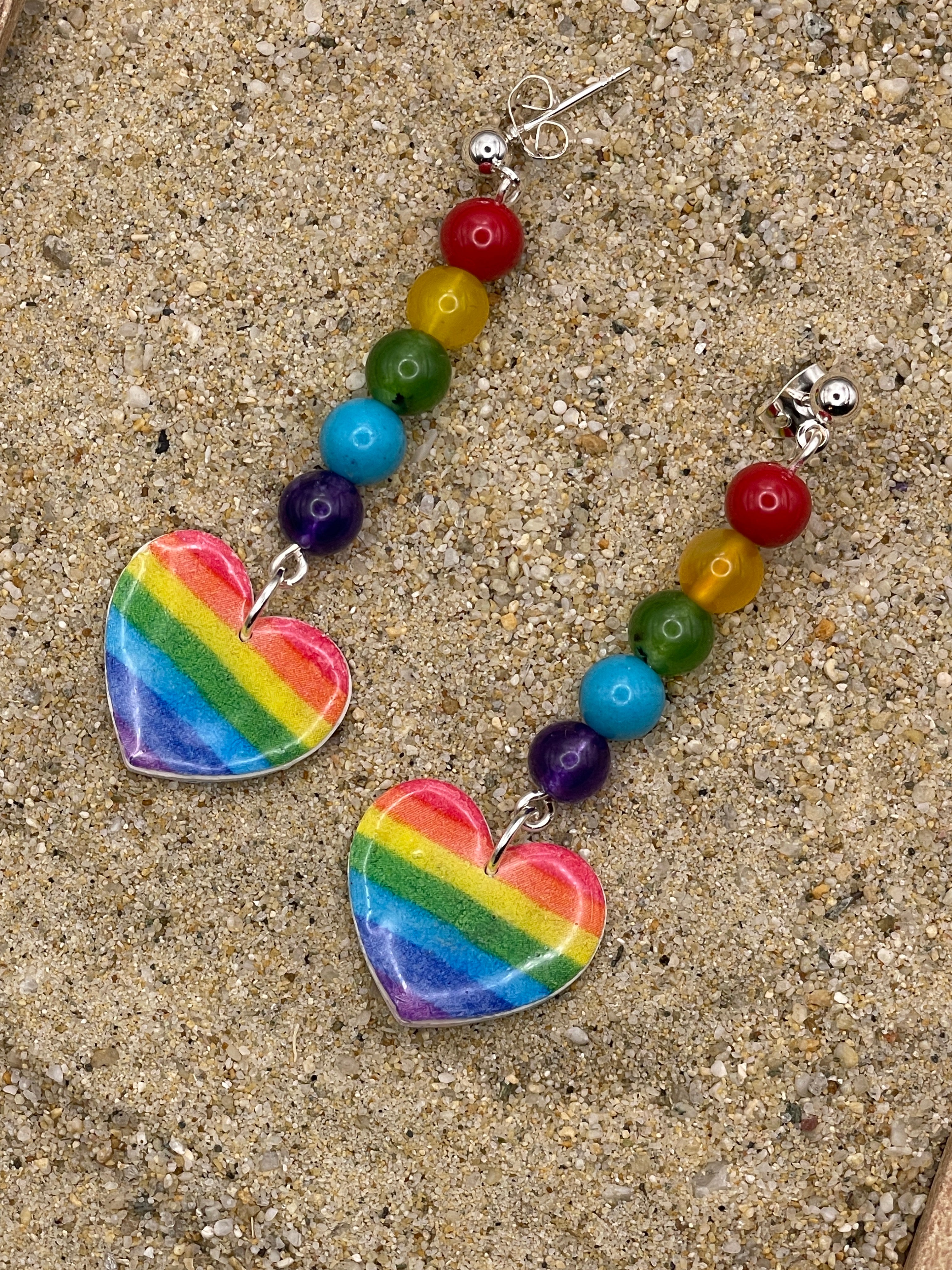 Love-Rainbow Heart with Rainbow Bead Detail Earrings: Handmade, Hand-Painted Polymer Clay