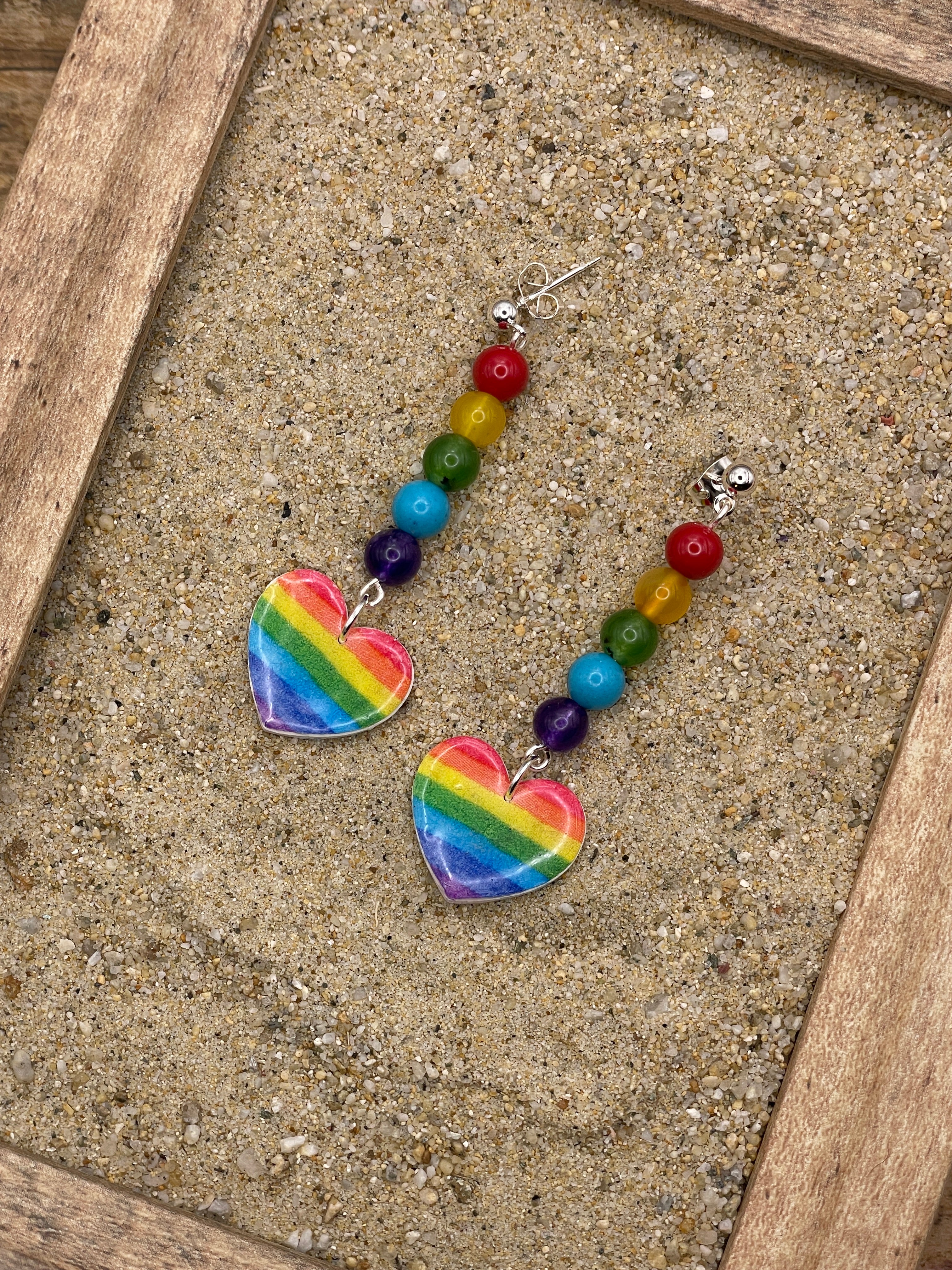Love-Rainbow Heart with Rainbow Bead Detail Earrings: Handmade, Hand-Painted Polymer Clay