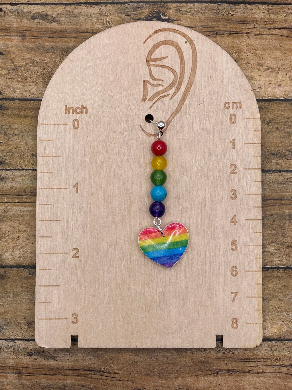 Love-Rainbow Heart with Rainbow Bead Detail Earrings: Handmade, Hand-Painted Polymer Clay