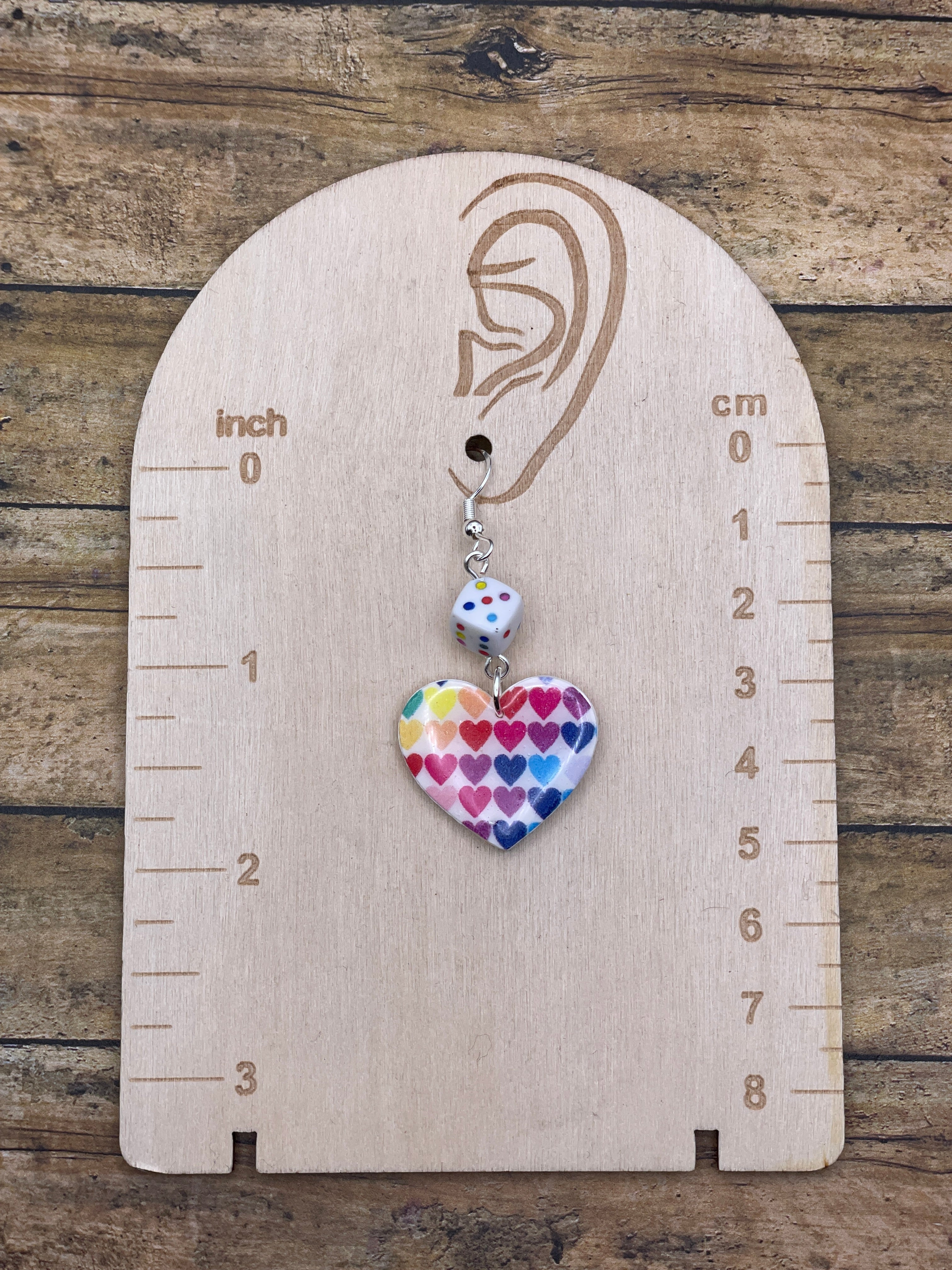 Love-Rainbow Heart Print with Dice Earrings: Handmade, Hand-Painted Polymer Clay