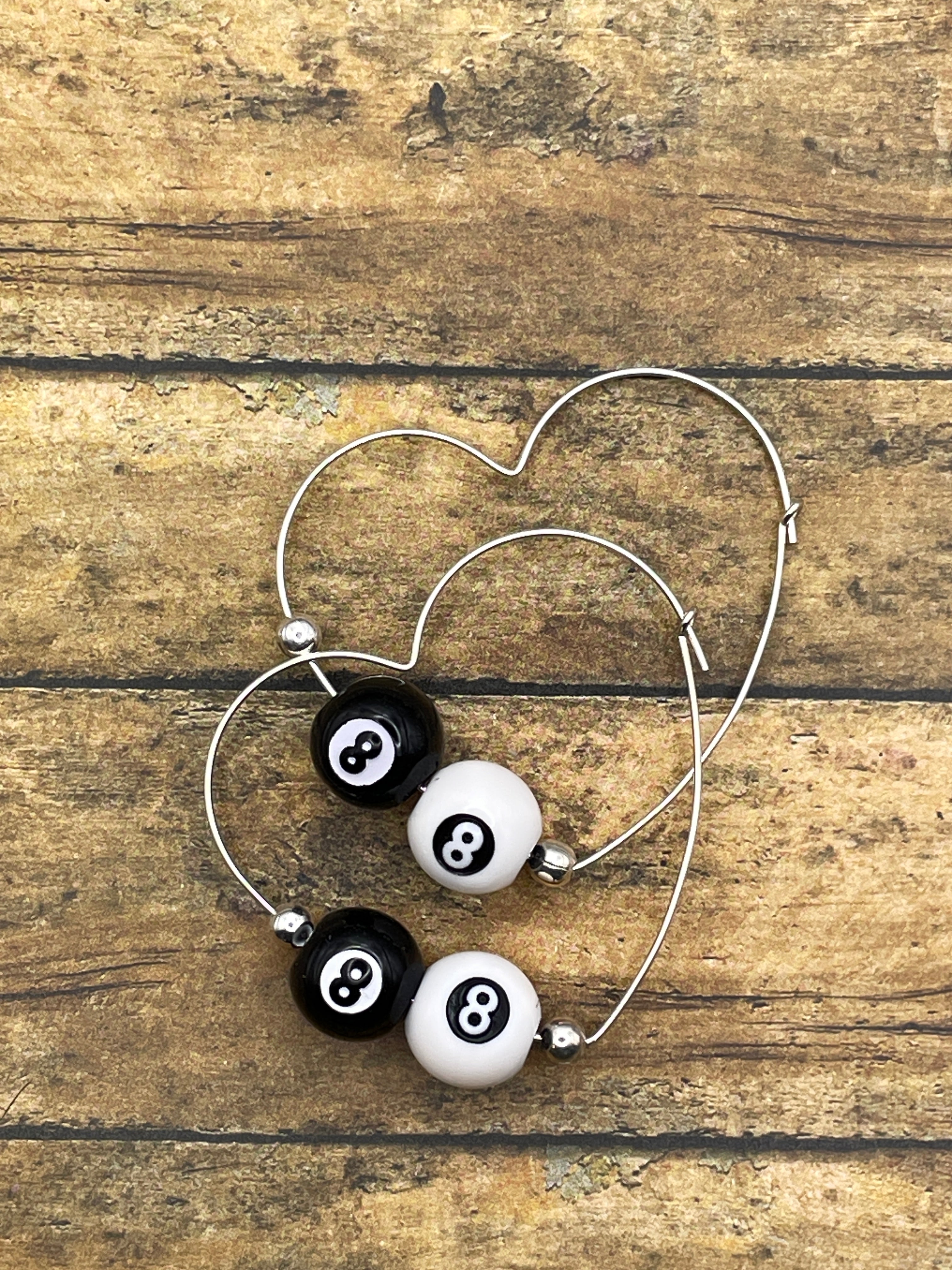 Steph-Mini Black/White Billiard 8-Ball Heart Shaped Hoops