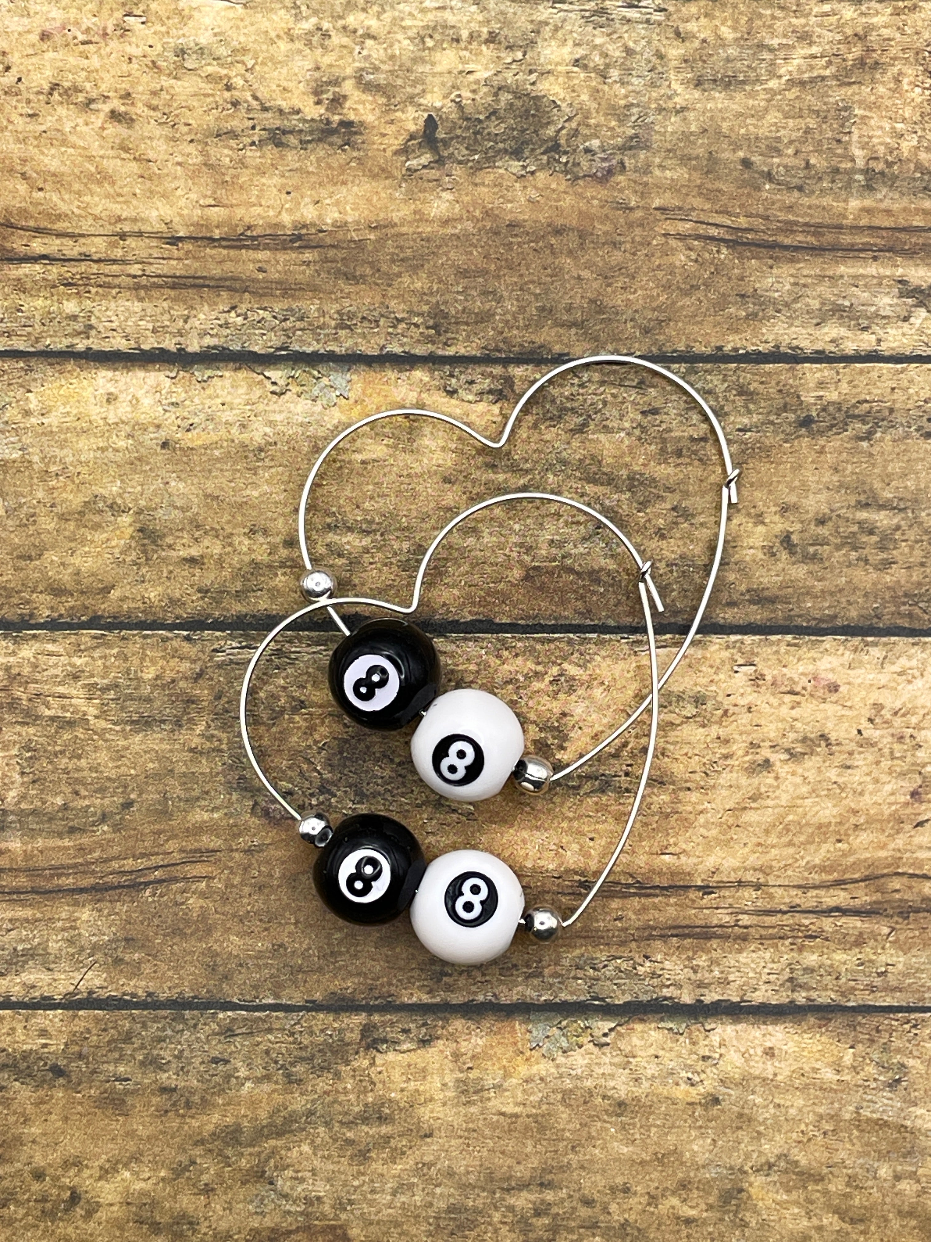 Steph-Mini Black/White Billiard 8-Ball Heart Shaped Hoops