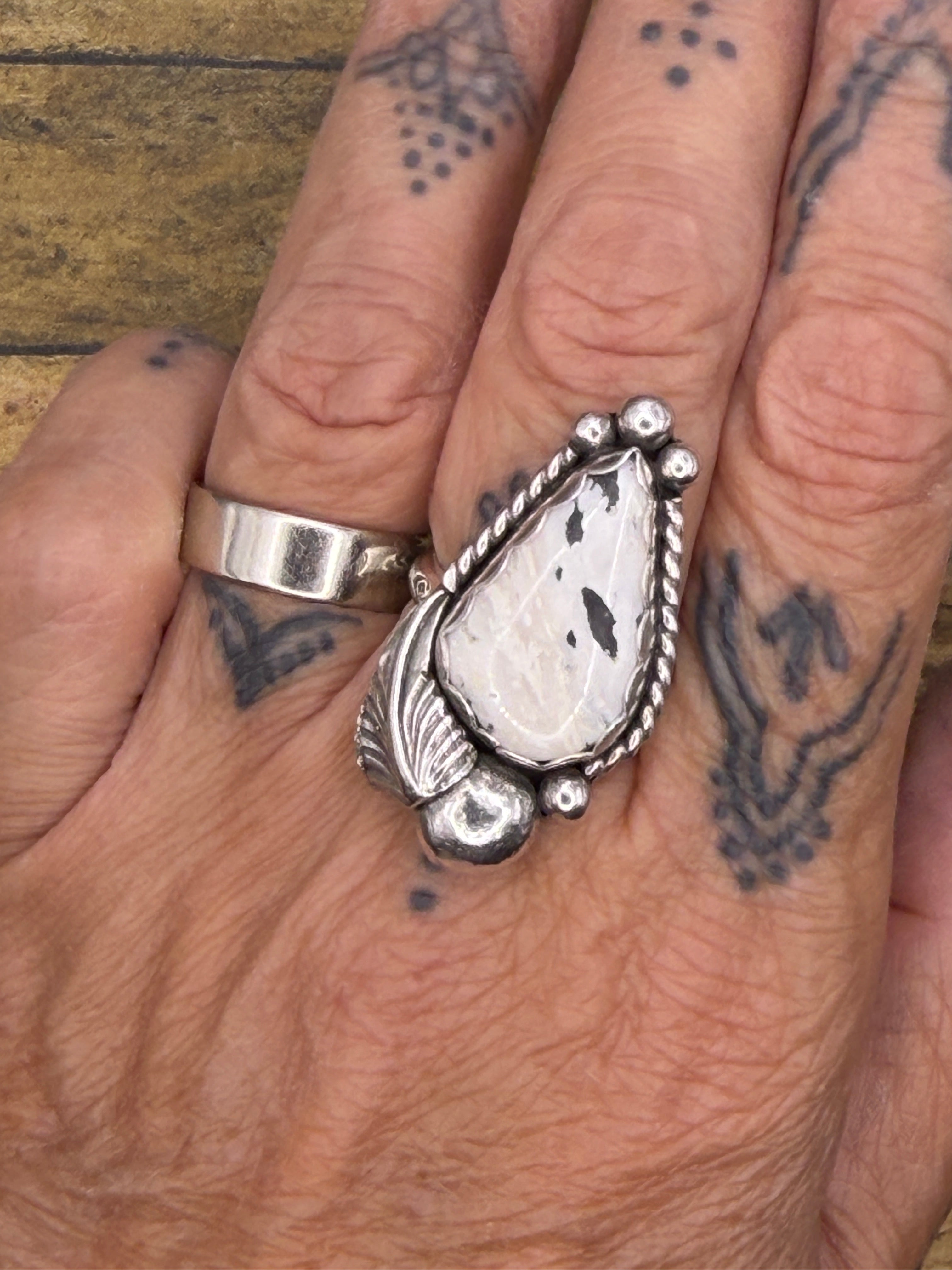 Abigail-White Buffalo Turquoise Ring with Feather Detail