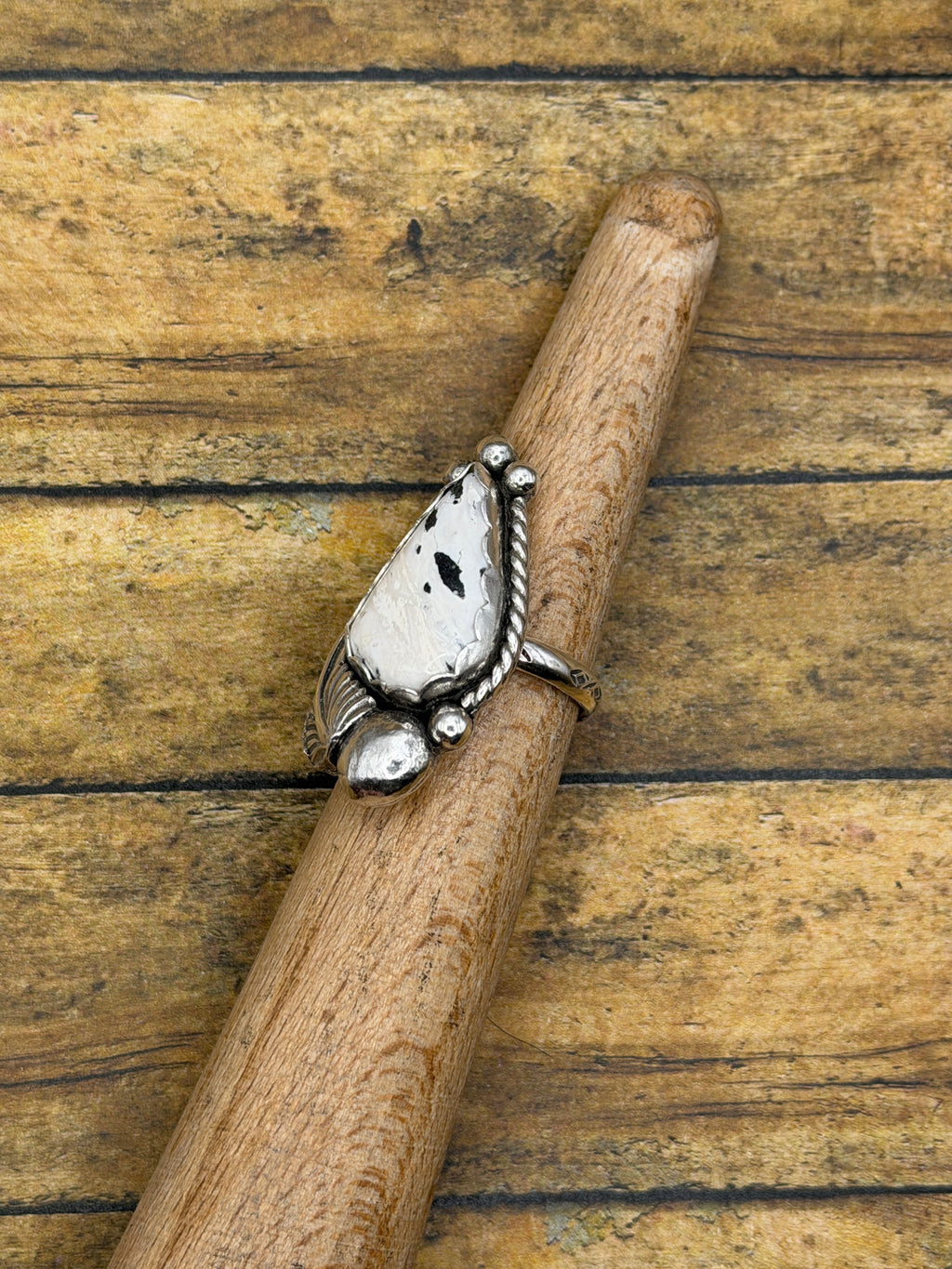 Abigail-White Buffalo Turquoise Ring with Feather Detail