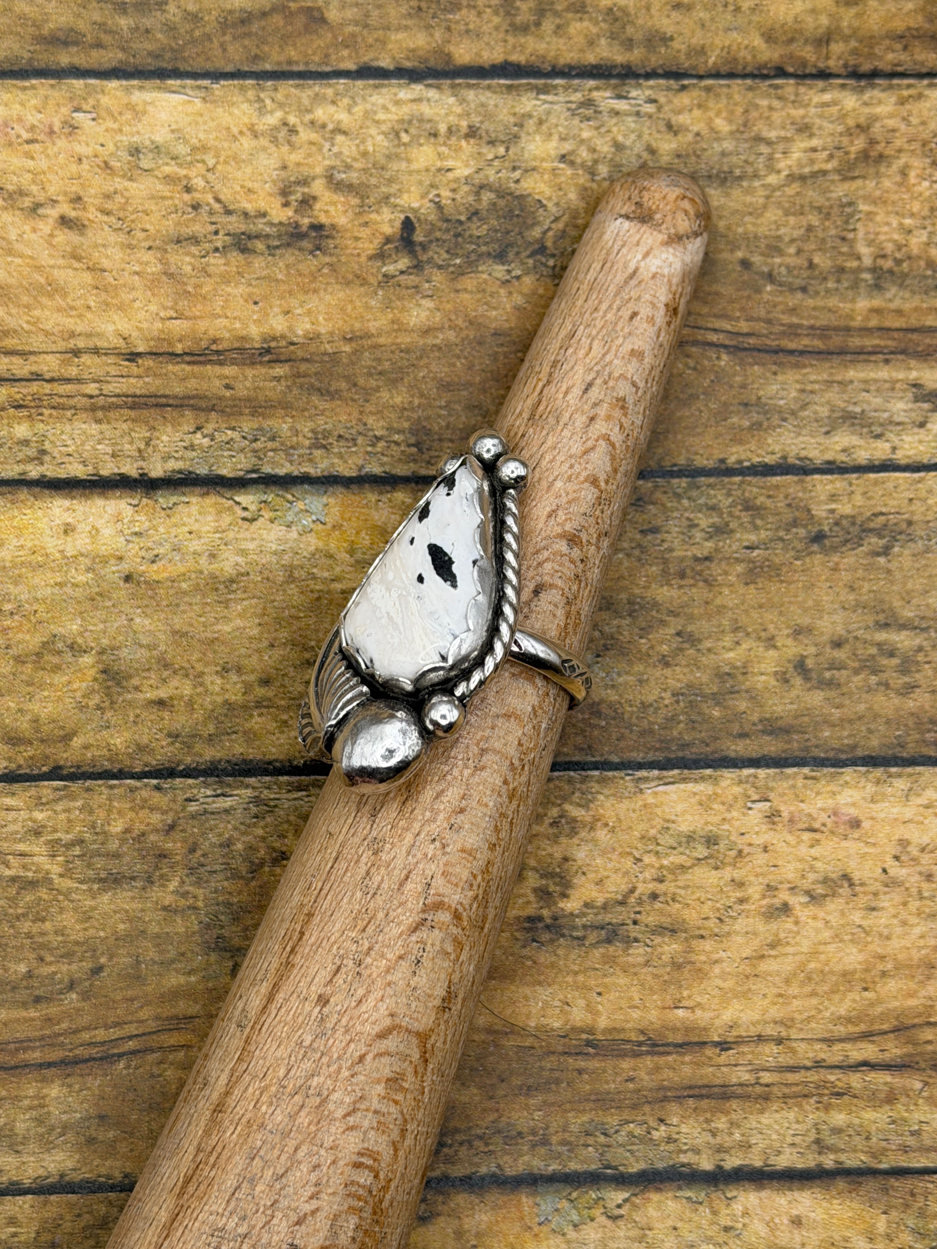 Abigail-White Buffalo Turquoise Ring with Feather Detail
