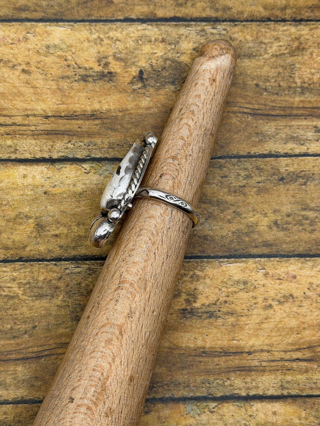Abigail-White Buffalo Turquoise Ring with Feather Detail