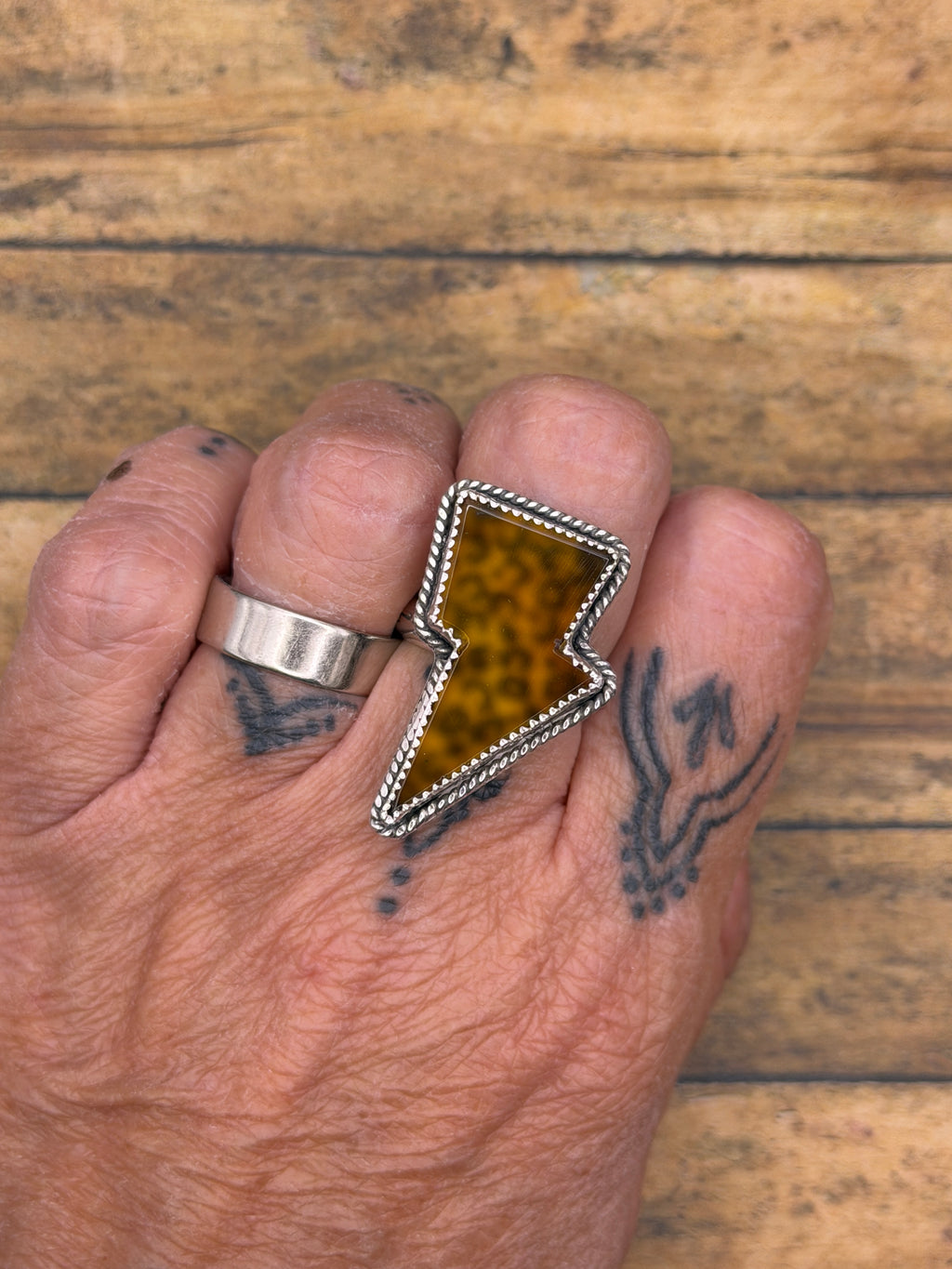 Ronan-Chalcedony Lightning Bolt Ring with Translucent Leopard Print