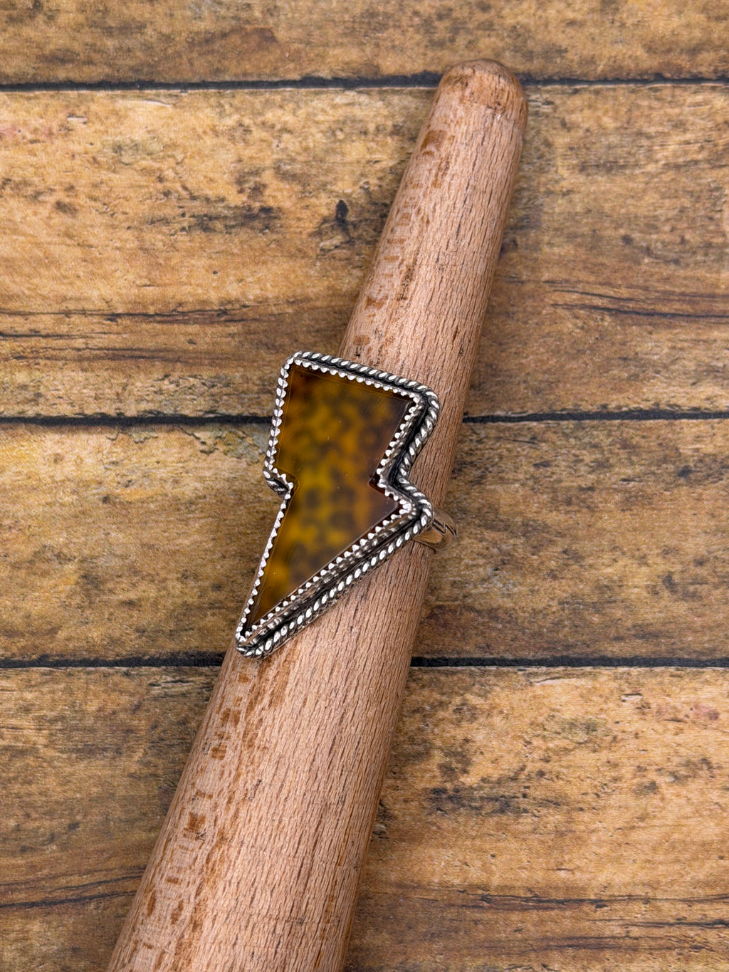 Ronan-Chalcedony Lightning Bolt Ring with Translucent Leopard Print