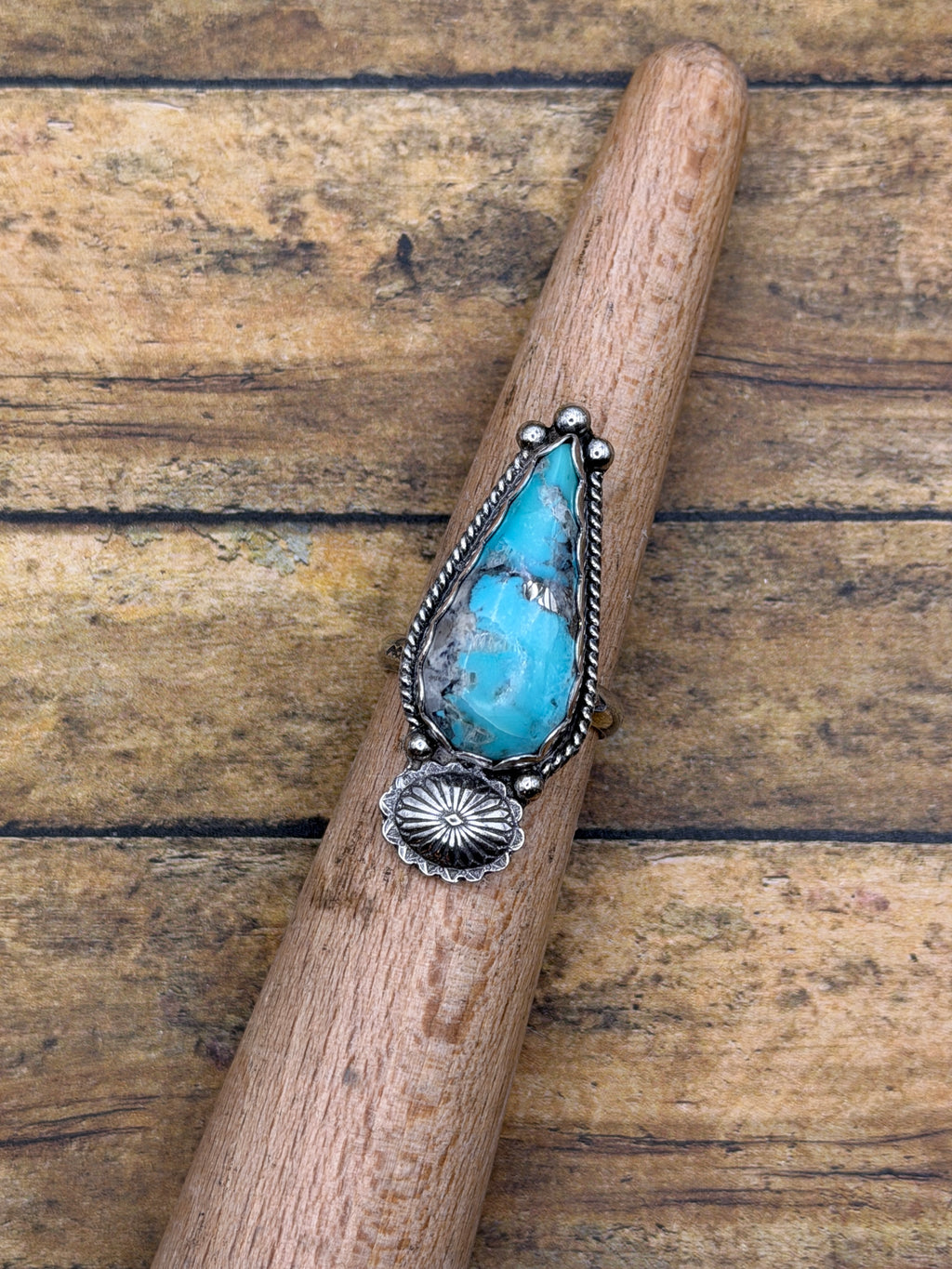 Beverly-Turquoise Teardrop Statement Ring with Concho Detail