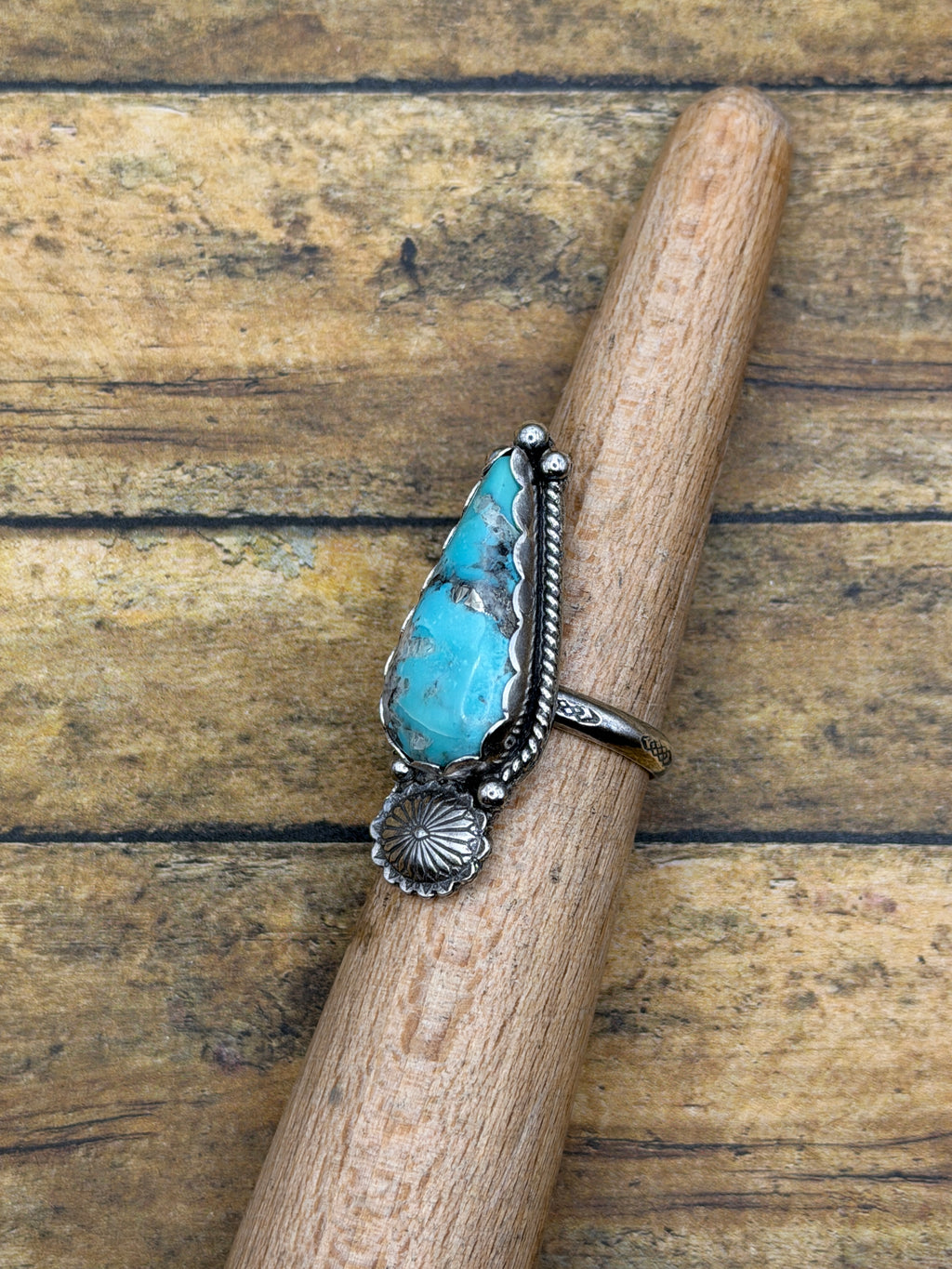 Beverly-Turquoise Teardrop Statement Ring with Concho Detail
