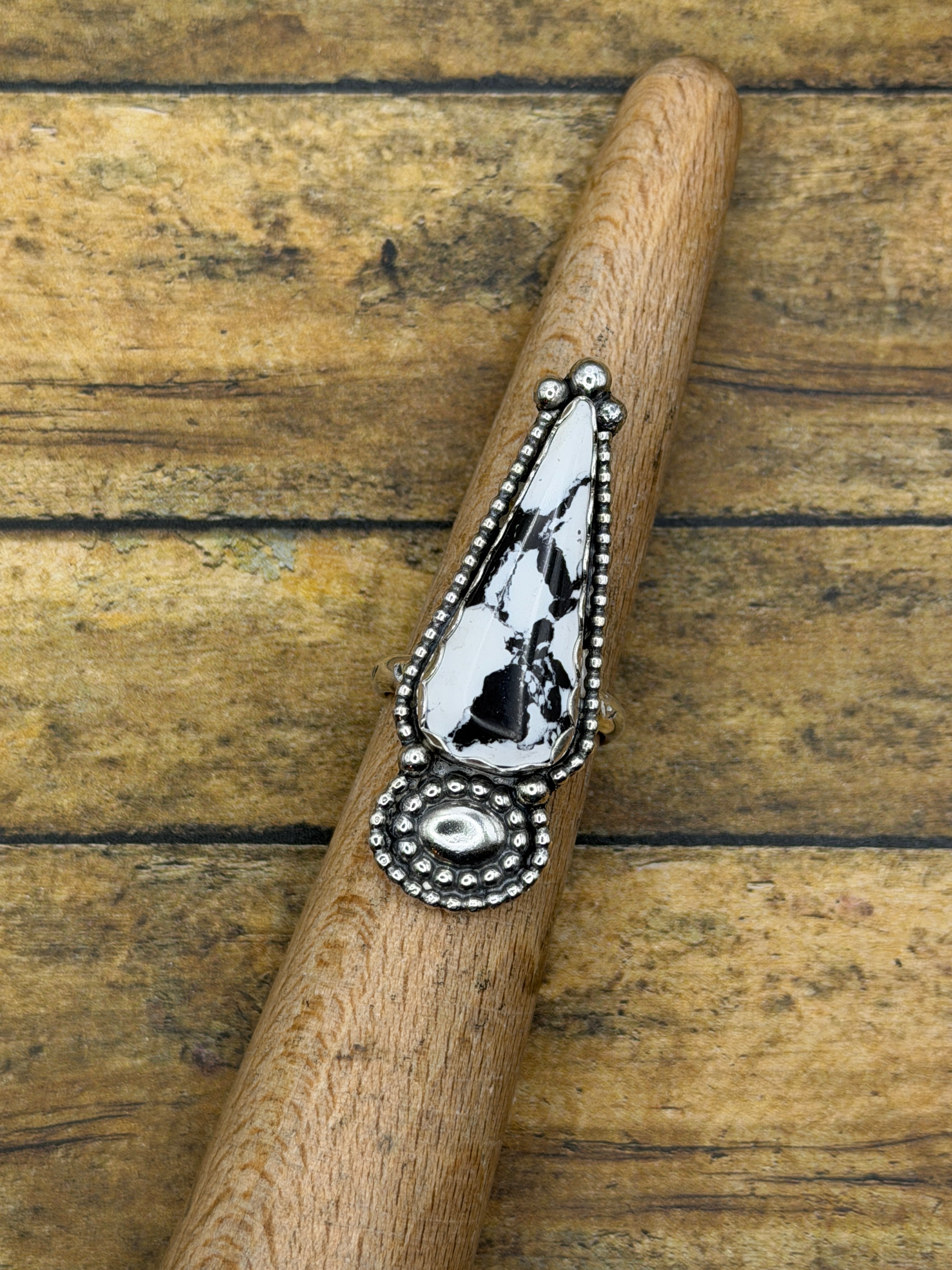 Azalea-White Buffalo Turquoise Statement Ring with Concho Detail