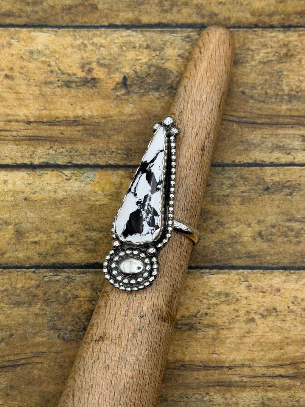 Azalea-White Buffalo Turquoise Statement Ring with Concho Detail