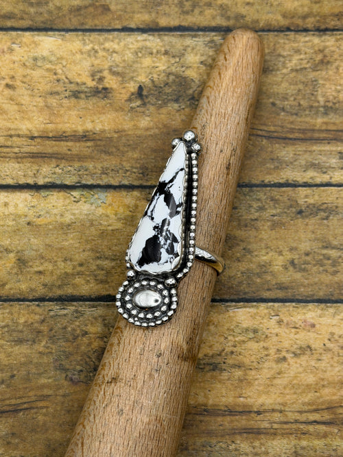 Azalea-White Buffalo Turquoise Statement Ring with Concho Detail