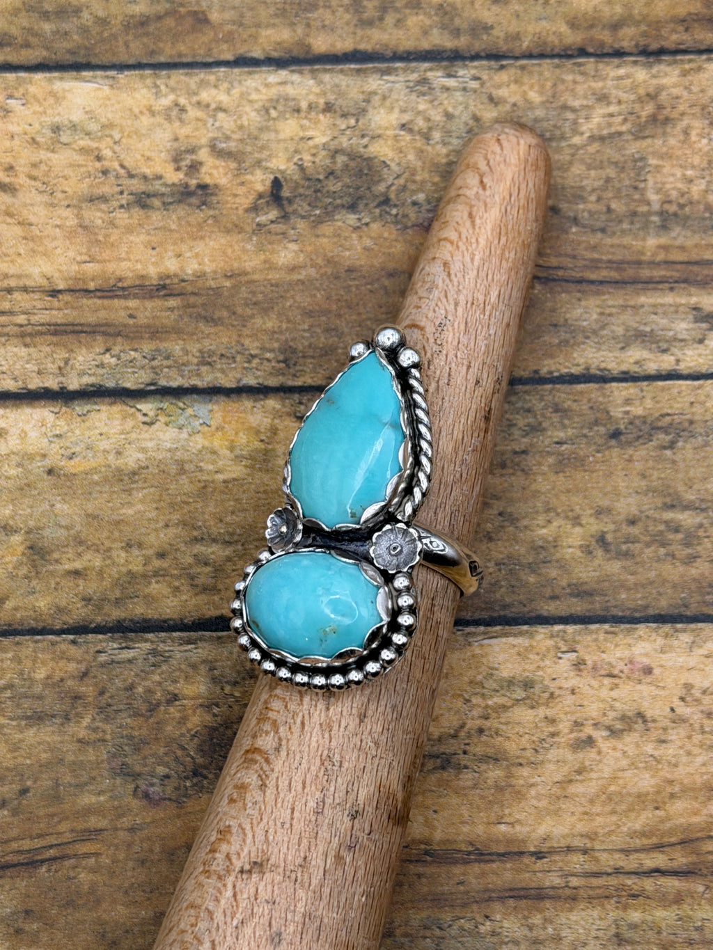 Bianca-Turquoise Double Gemstone Statement Ring with Flower Details