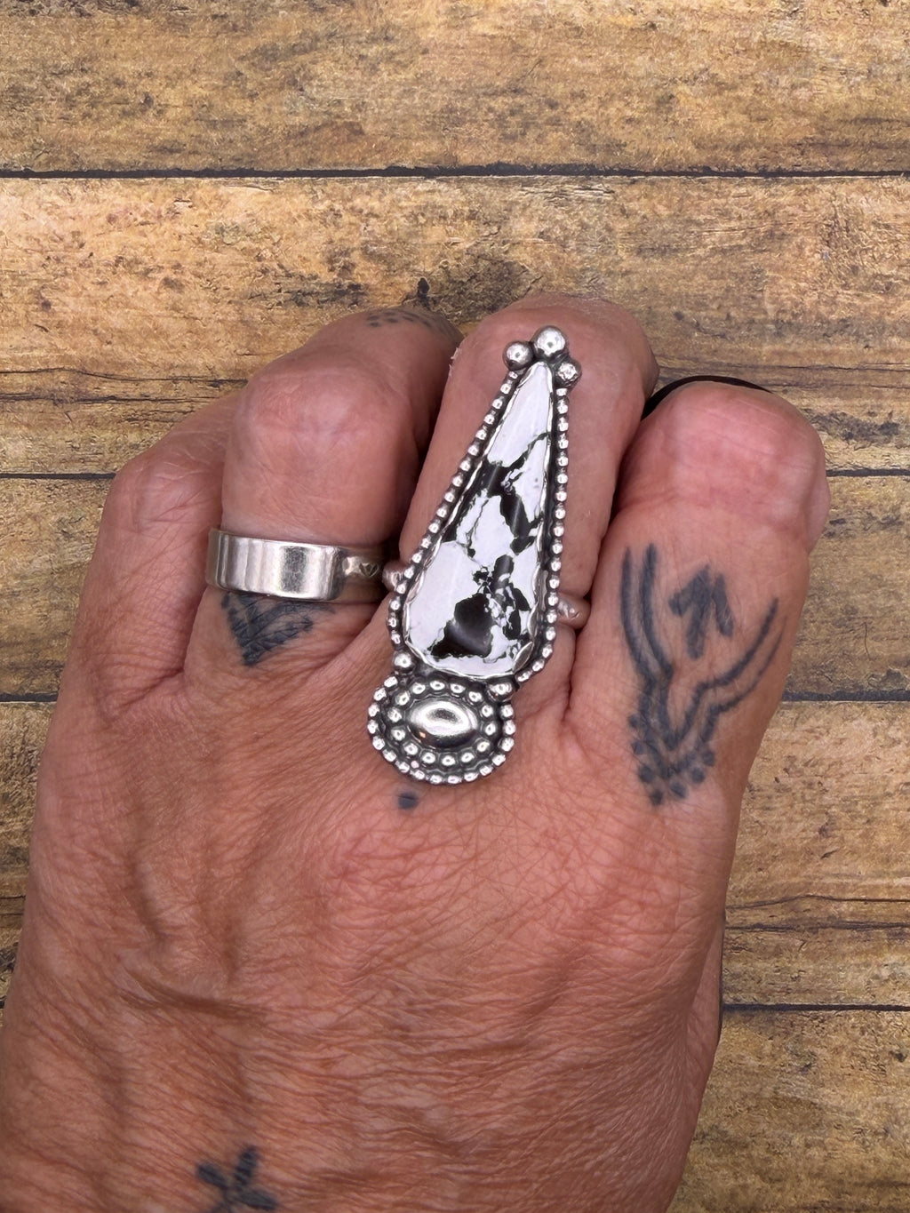 Azalea-White Buffalo Turquoise Statement Ring with Concho Detail