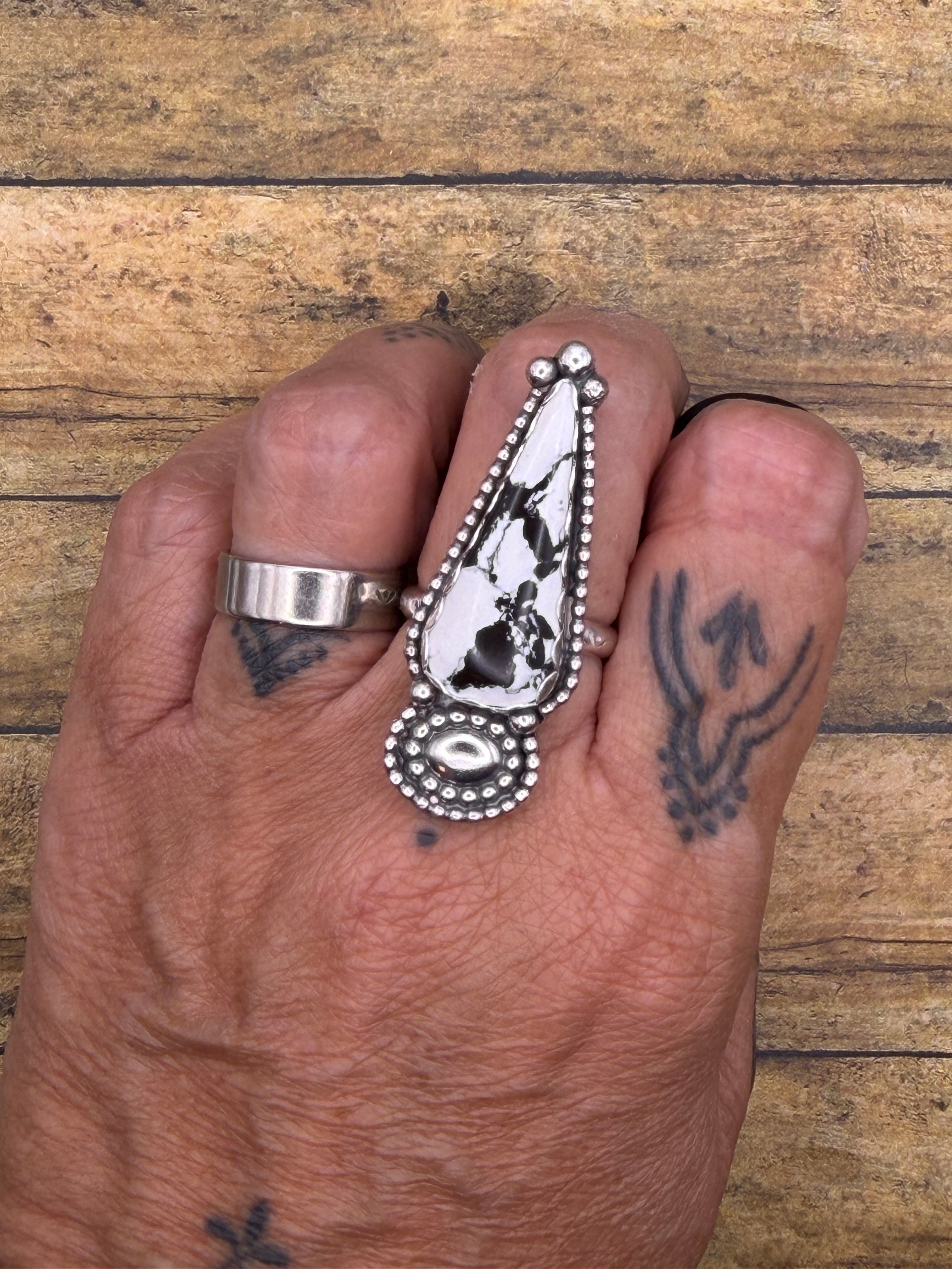 Azalea-White Buffalo Turquoise Statement Ring with Concho Detail