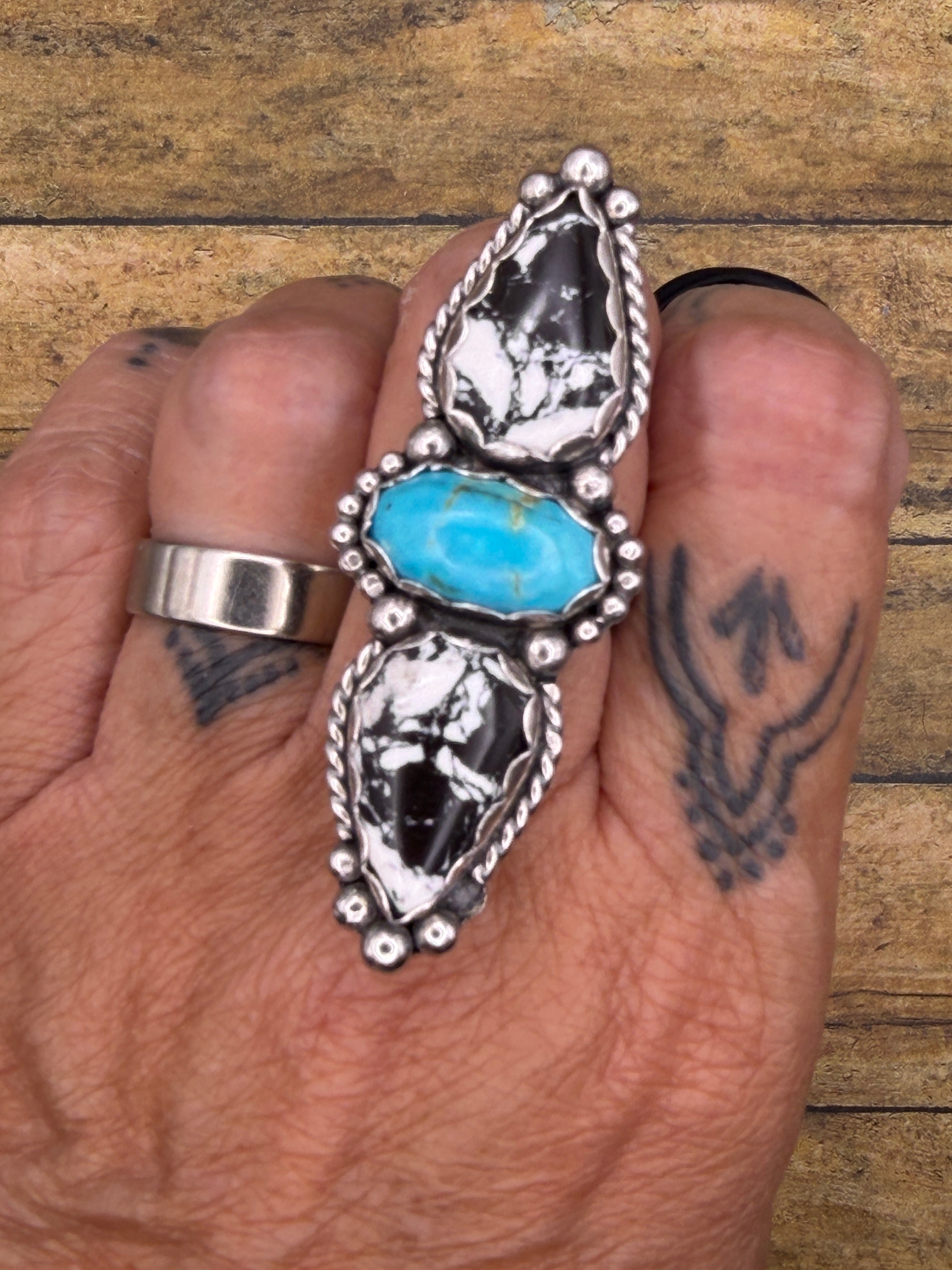 Alicia-White Buffalo Turquoise and Turquoise Triple Gemstone Ring