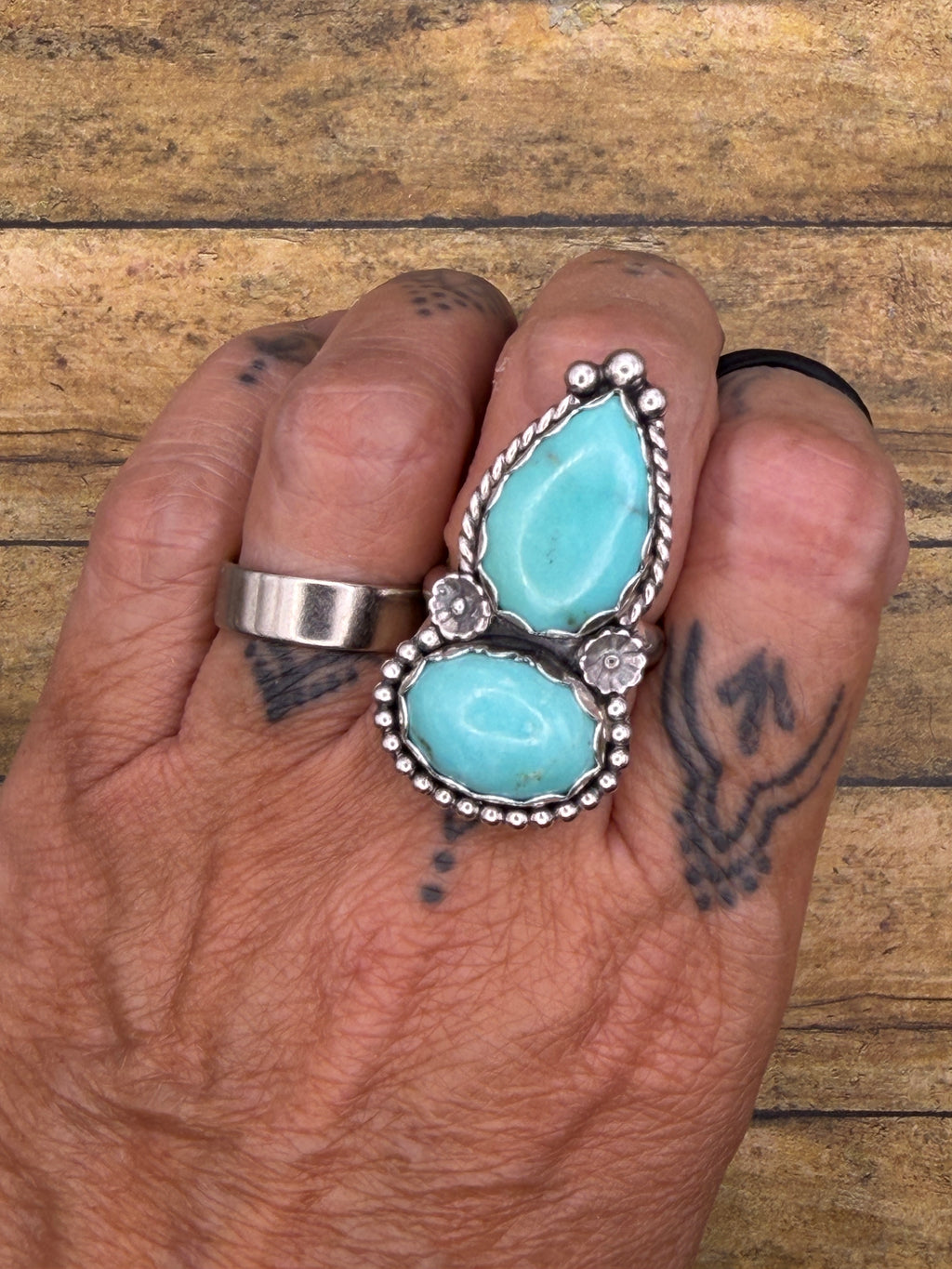 Bianca-Turquoise Double Gemstone Statement Ring with Flower Details