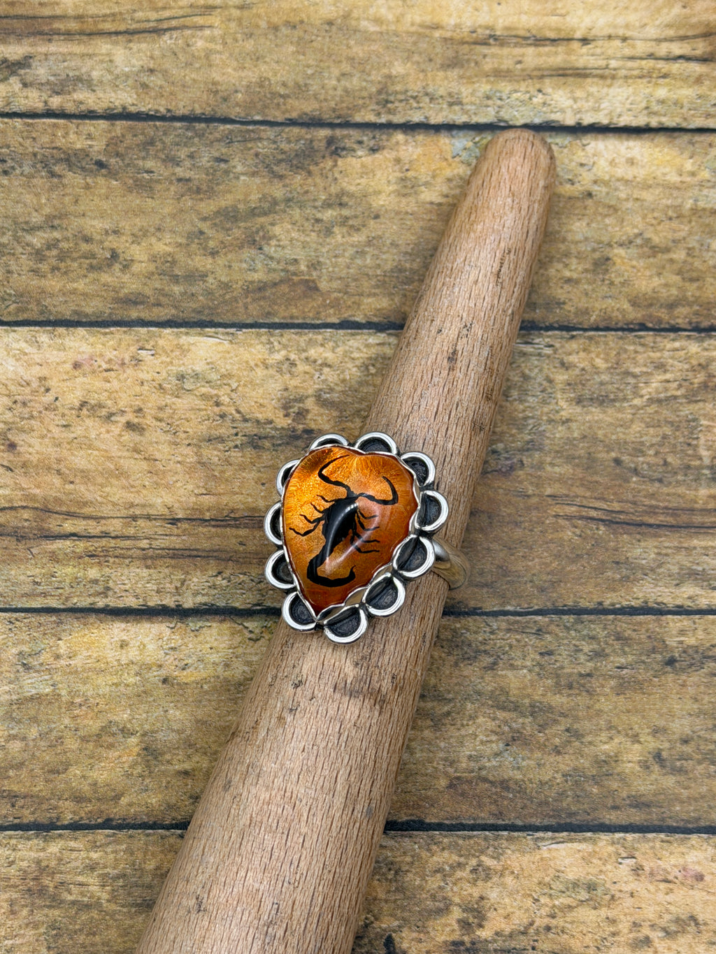 Winona-Black Scorpion in Orange Shimmer Resin Heart Ring
