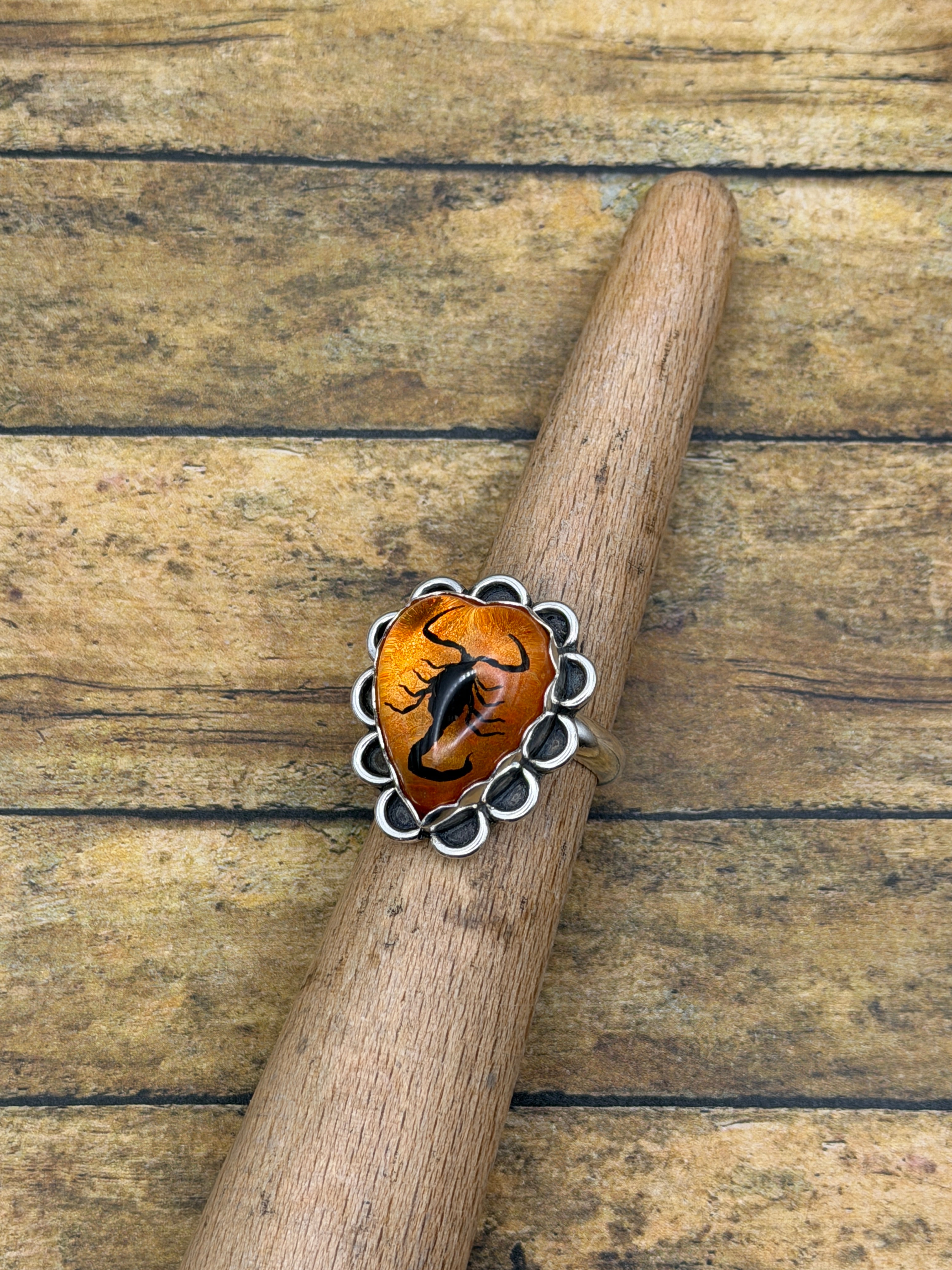 Winona-Black Scorpion in Orange Shimmer Resin Heart Ring