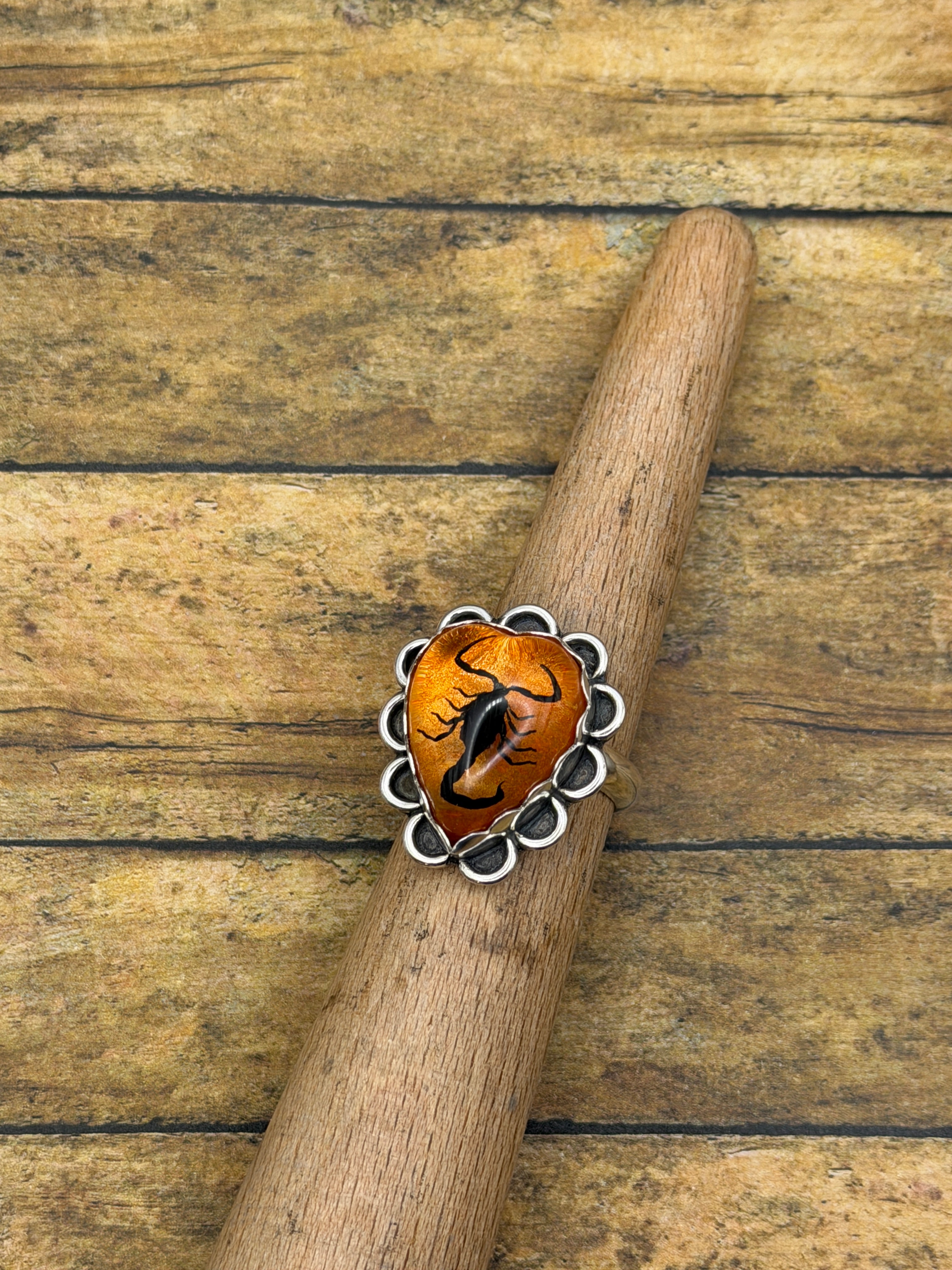 Winona-Black Scorpion in Orange Shimmer Resin Heart Ring