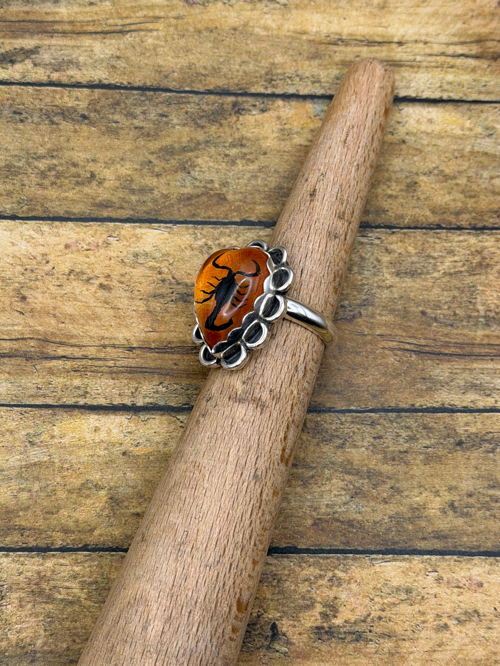 Winona-Black Scorpion in Orange Shimmer Resin Heart Ring