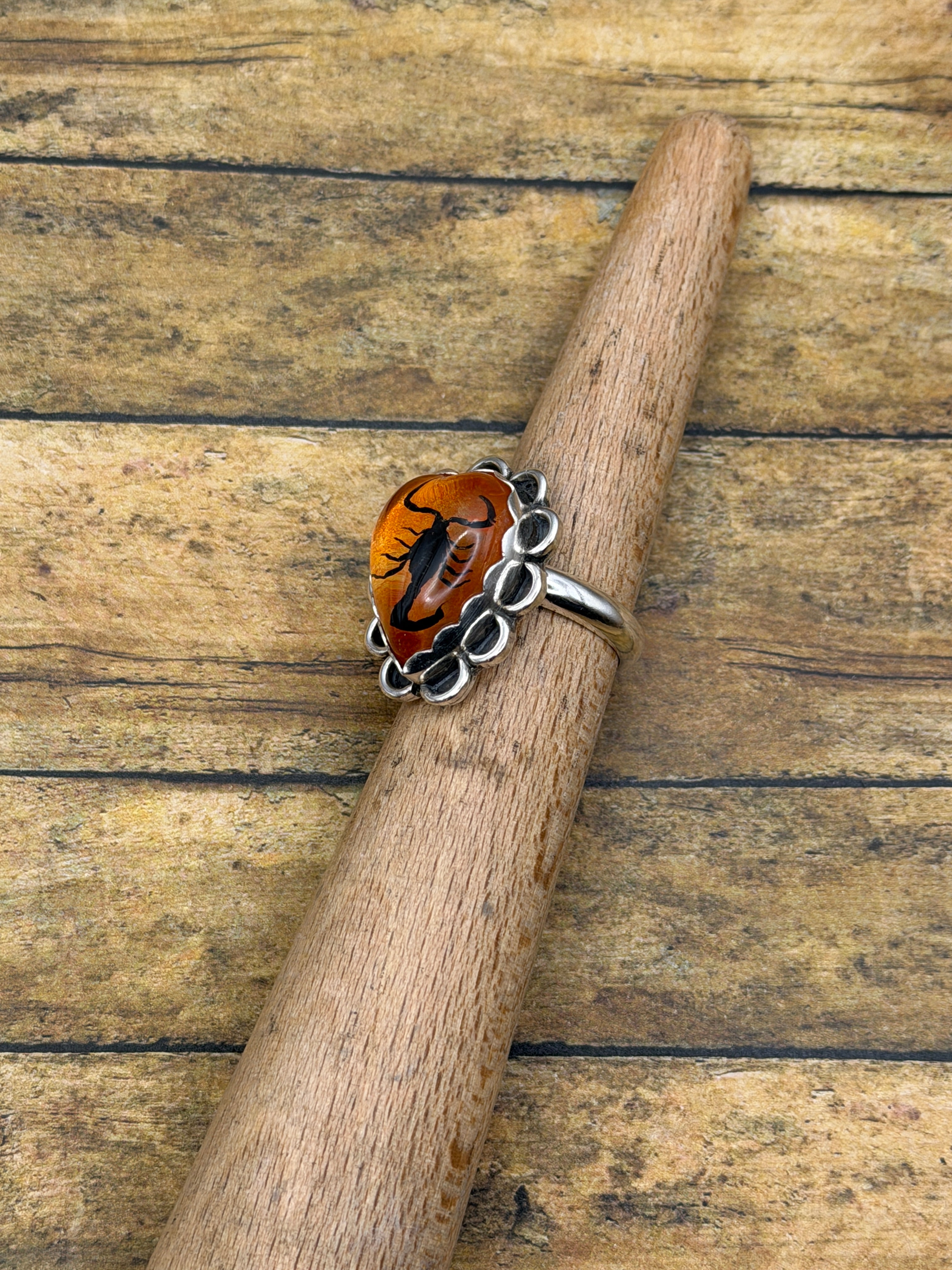 Winona-Black Scorpion in Orange Shimmer Resin Heart Ring