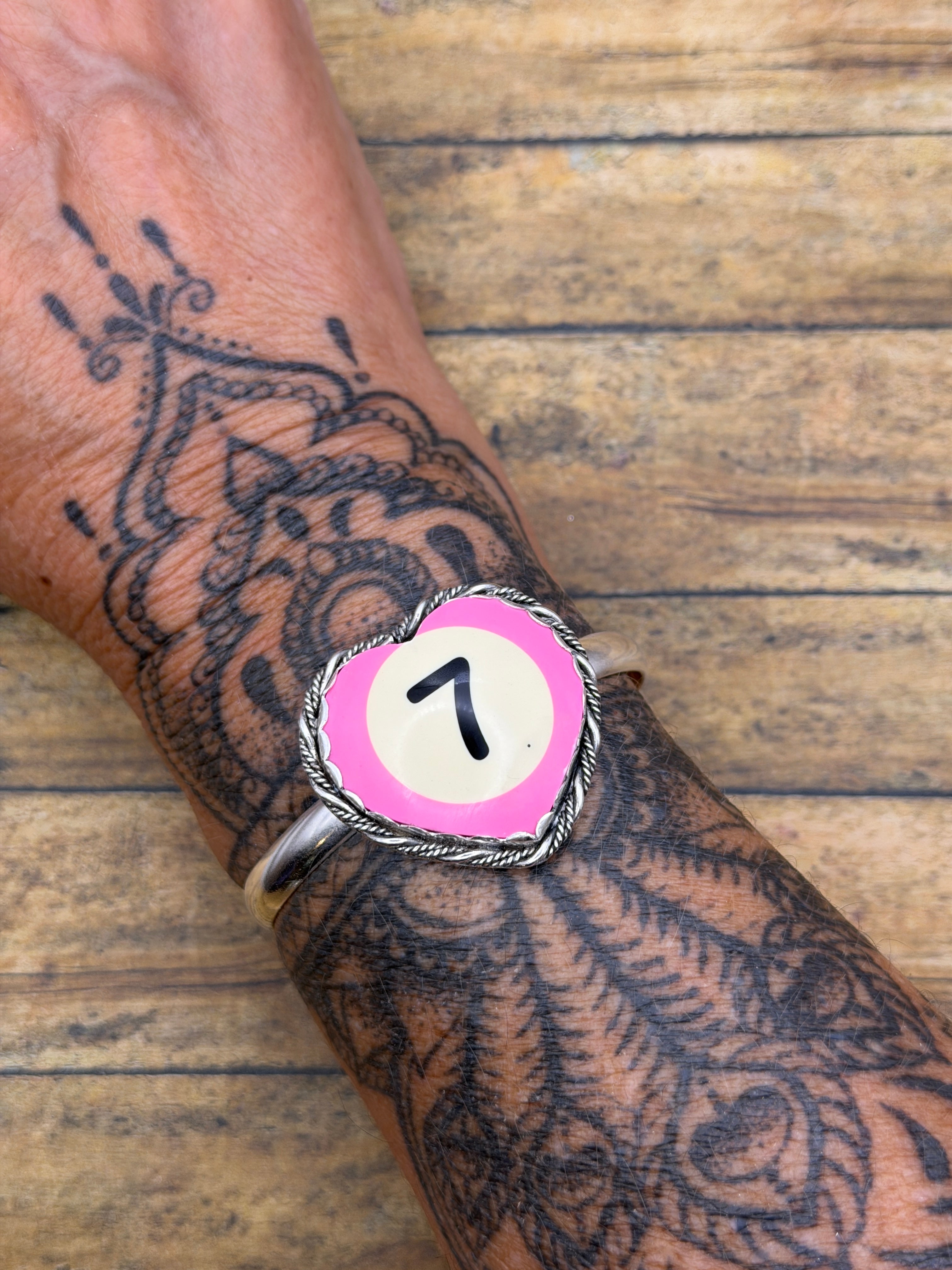 Sidney-Unique Pink Billiard Ball Lucky #7 Heart Cuff