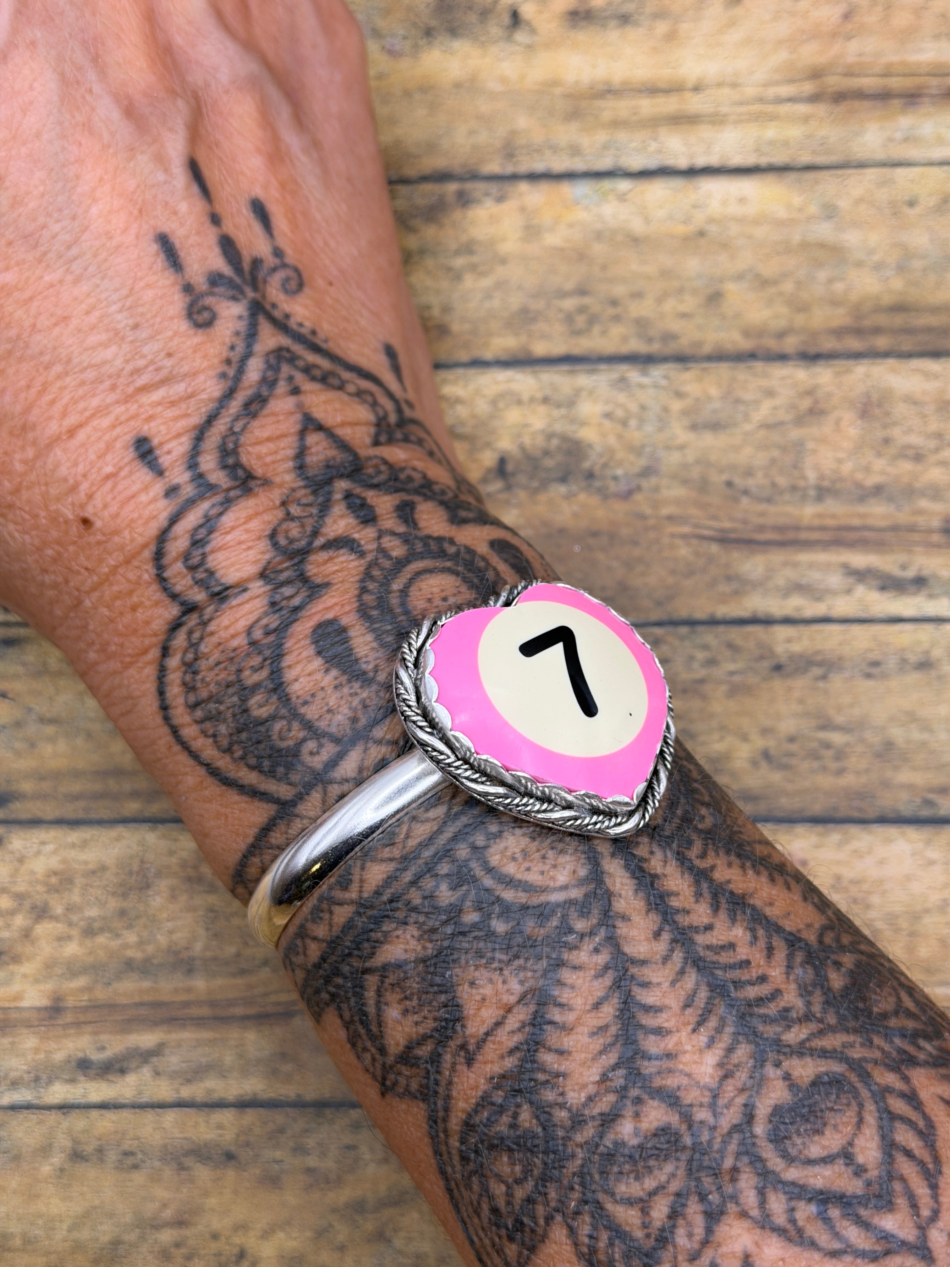 Sidney-Unique Pink Billiard Ball Lucky #7 Heart Cuff