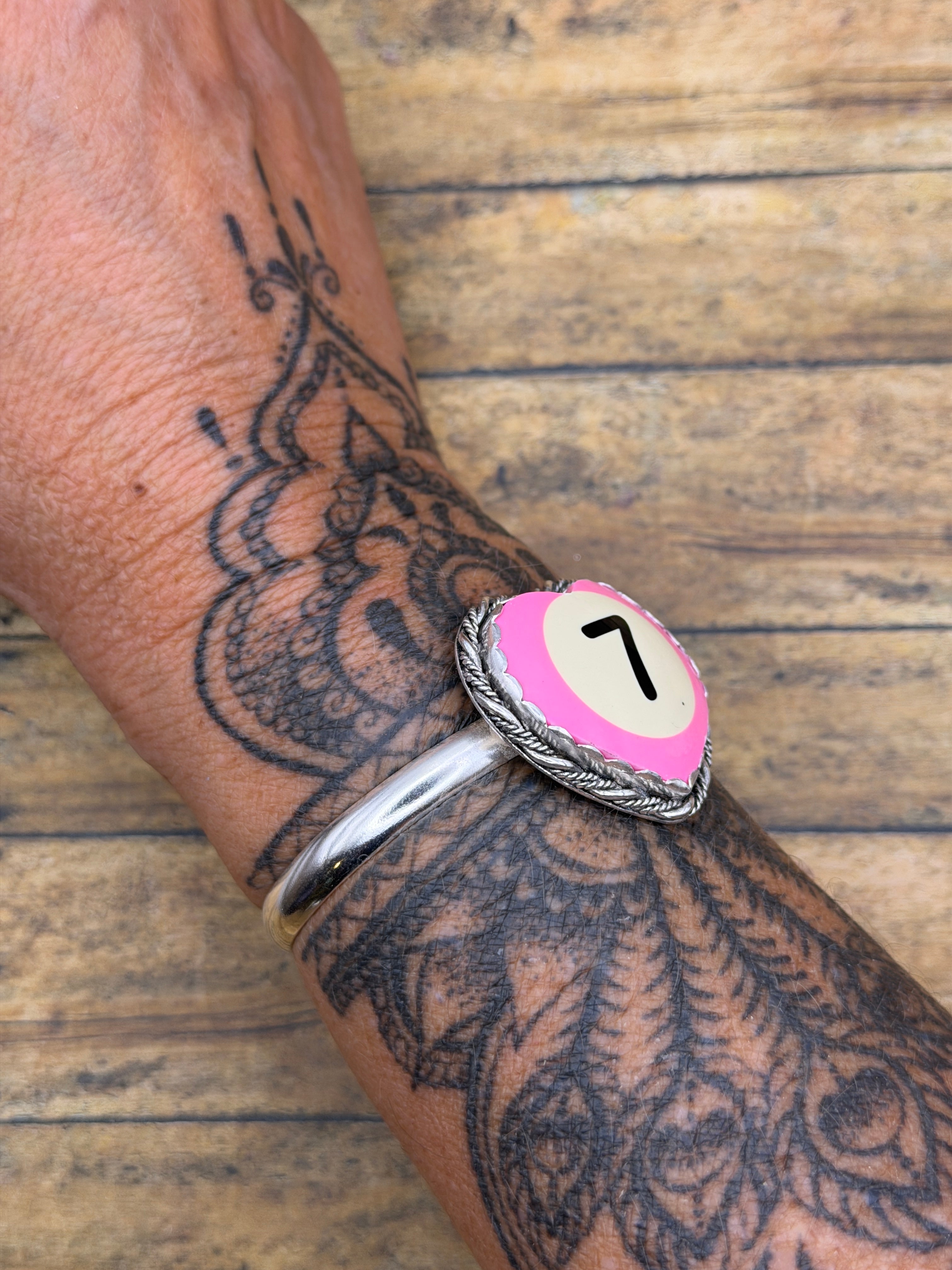 Sidney-Unique Pink Billiard Ball Lucky #7 Heart Cuff