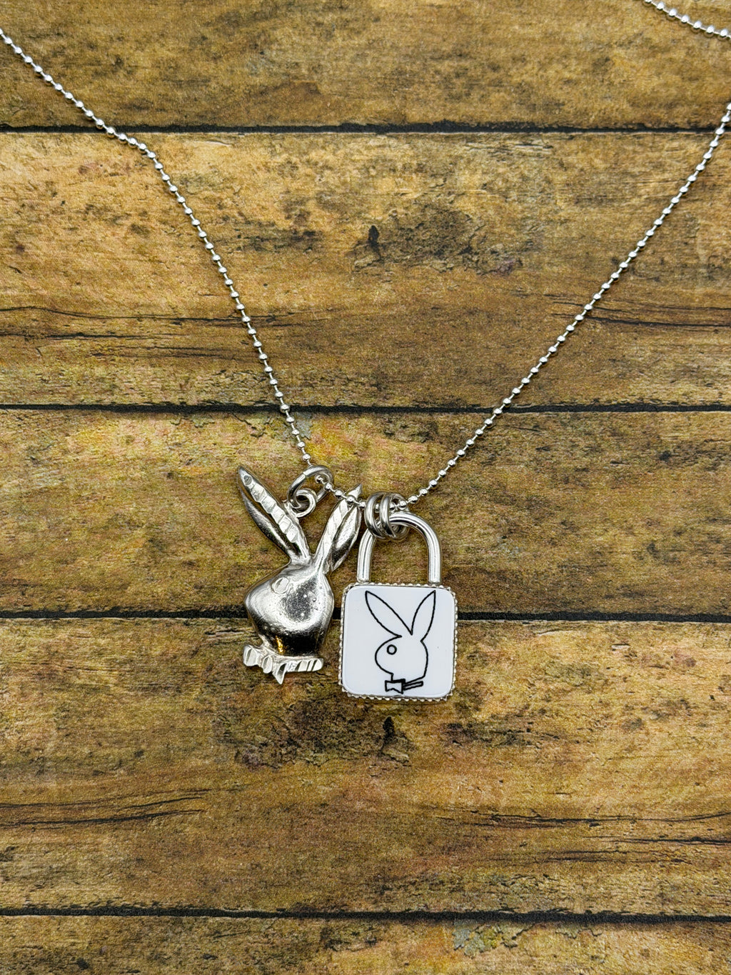 Playboy-Trustone Playboy Faux Lock and Vintage Sterling Silver Bunny Charm Pendant