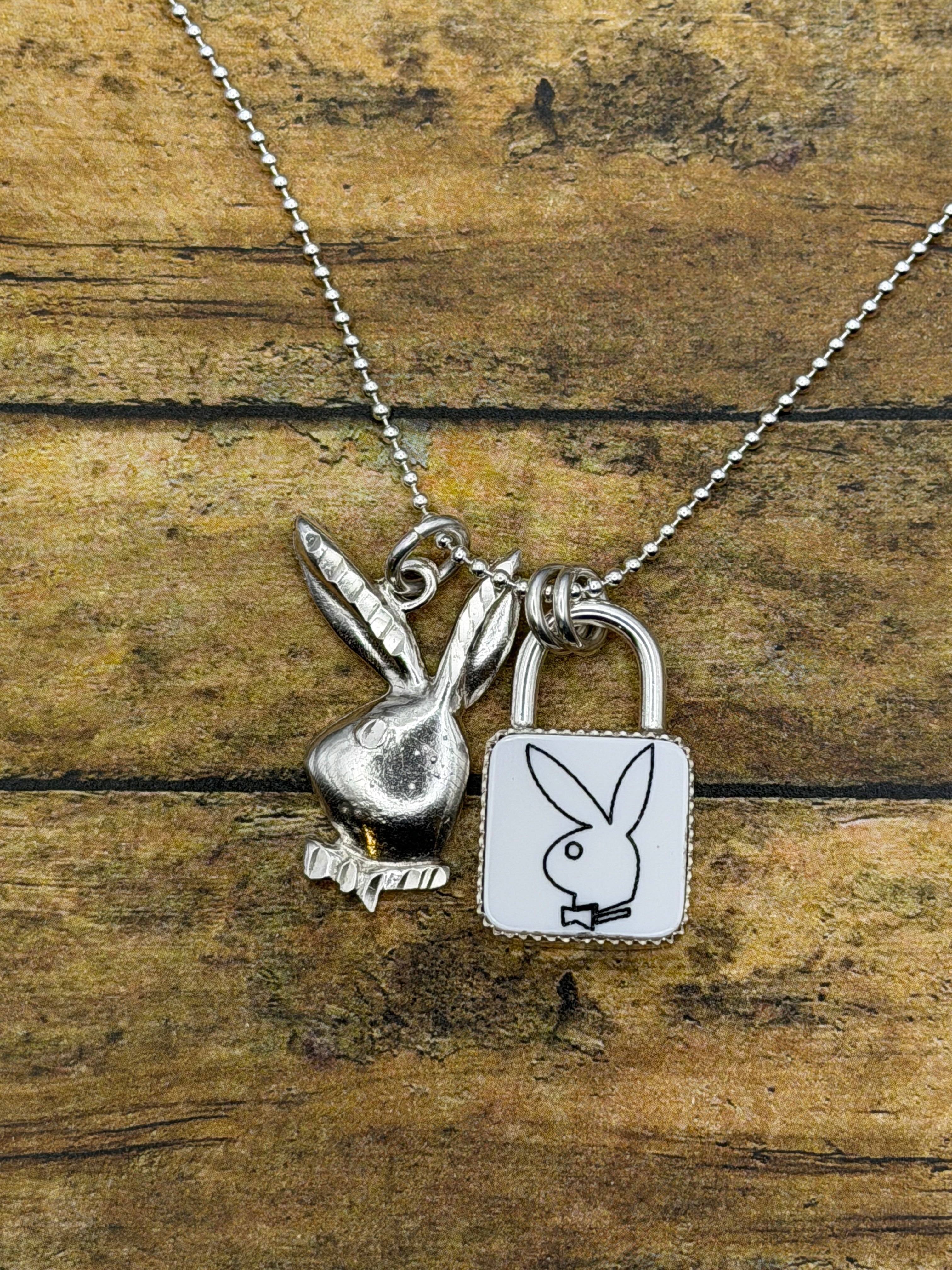 Playboy-Trustone Playboy Faux Lock and Vintage Sterling Silver Bunny Charm Pendant