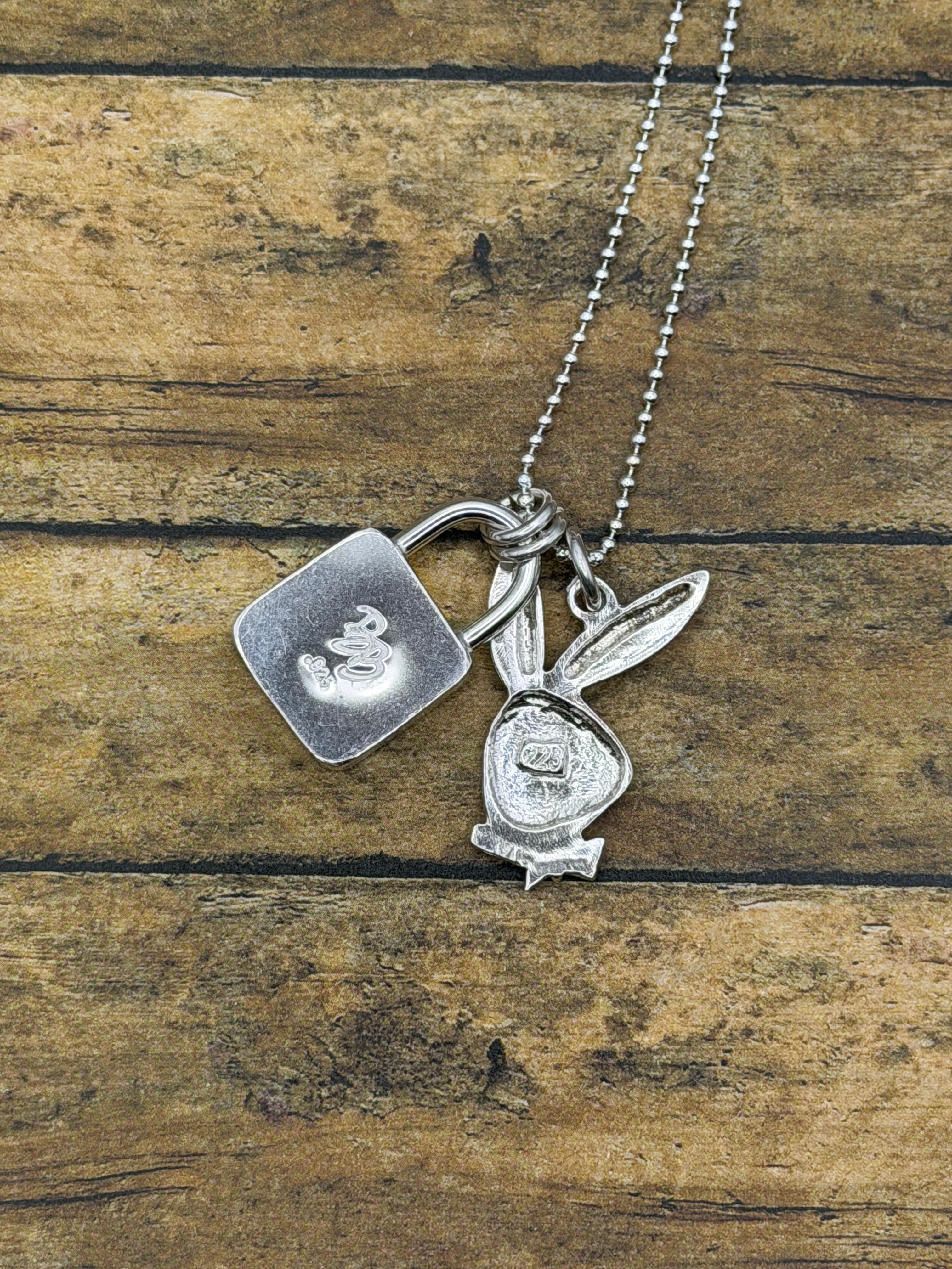 Playboy-Trustone Playboy Faux Lock and Vintage Sterling Silver Bunny Charm Pendant
