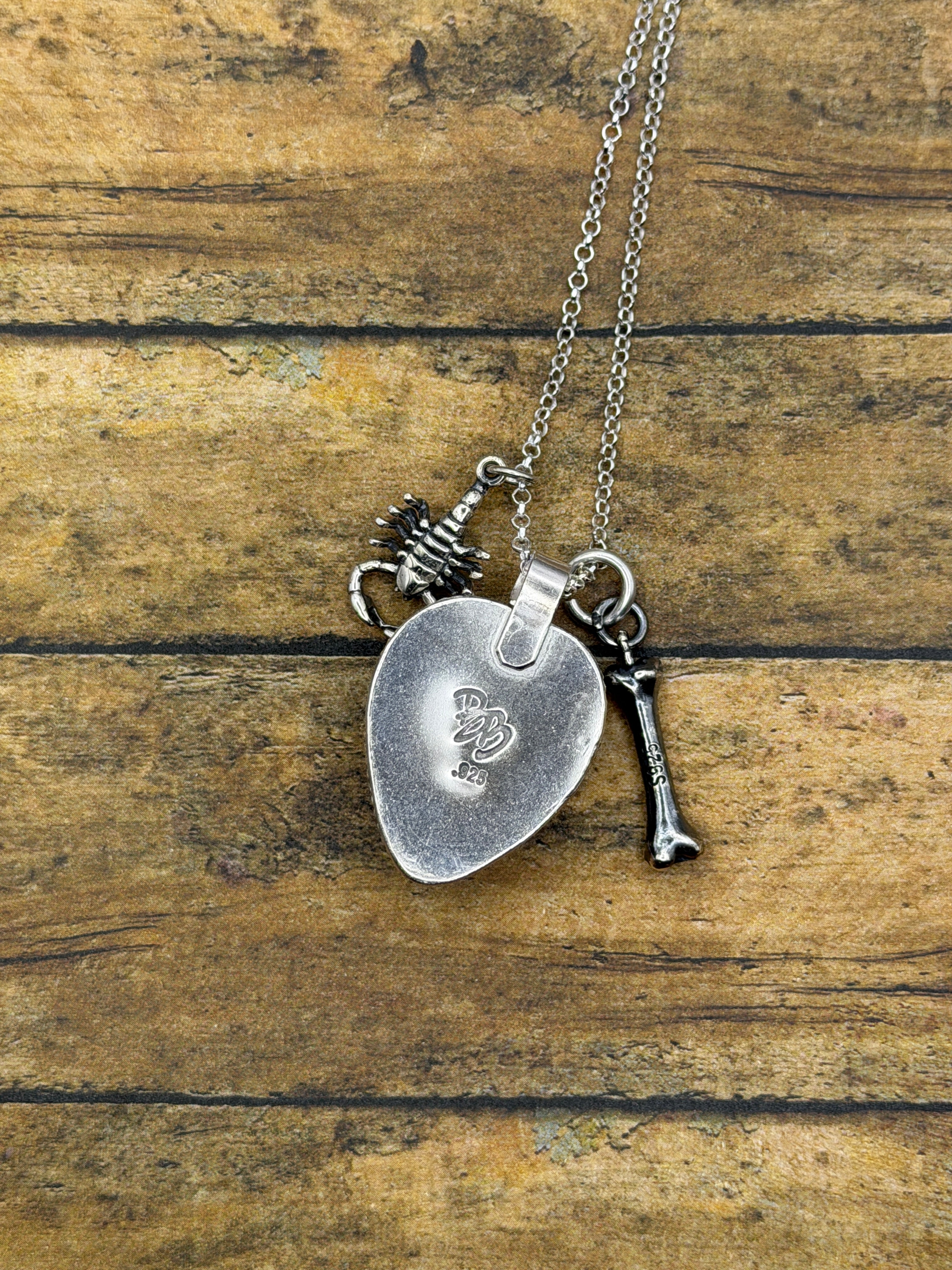 Wynona-Black Scorpion in Lime Green Resin Heart Charm Necklace with Scorpion and Bone Charm