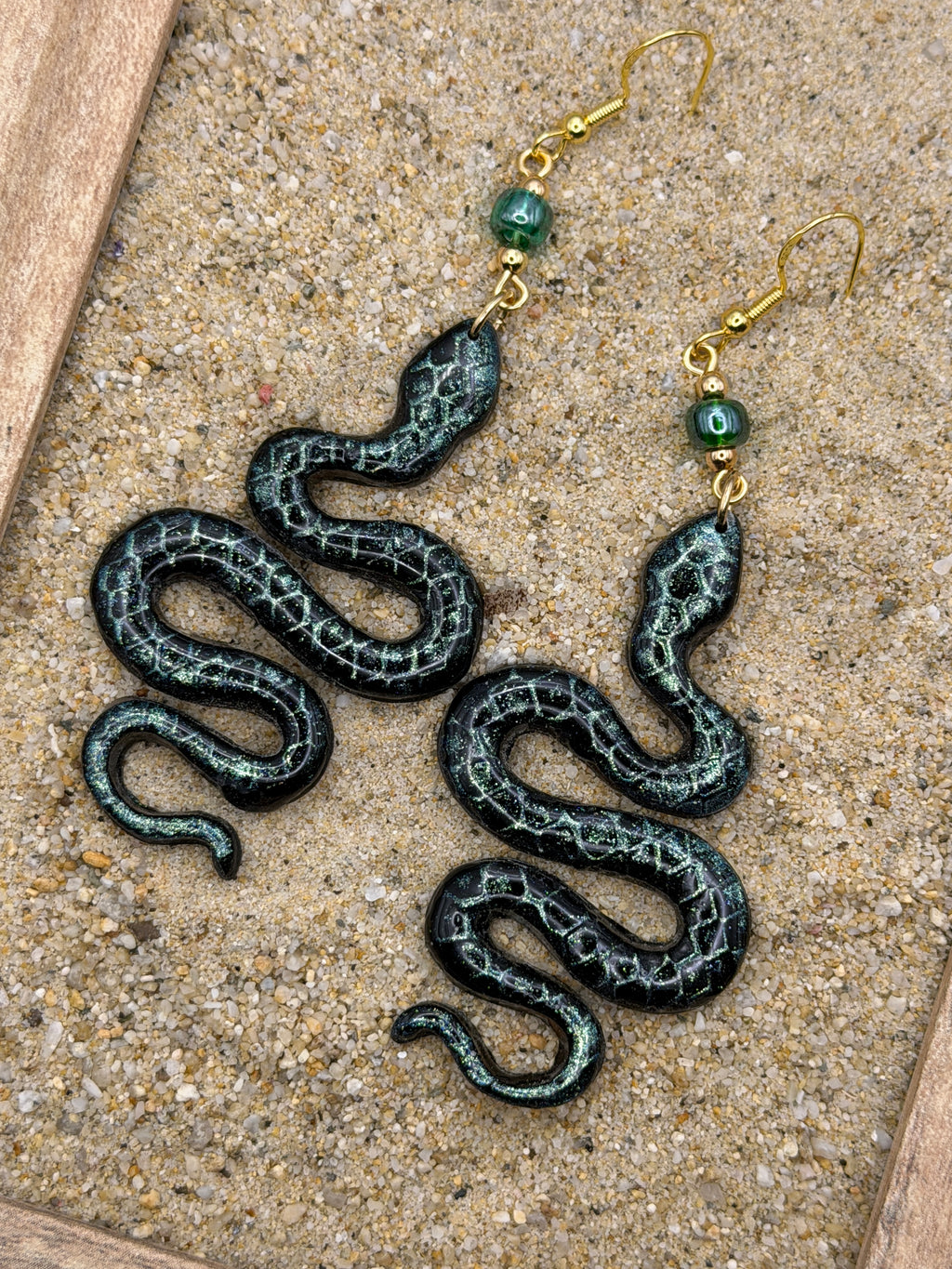 Salem-Shimmer Snake Earrings: Handmade, Hand-Painted Polymer Clay