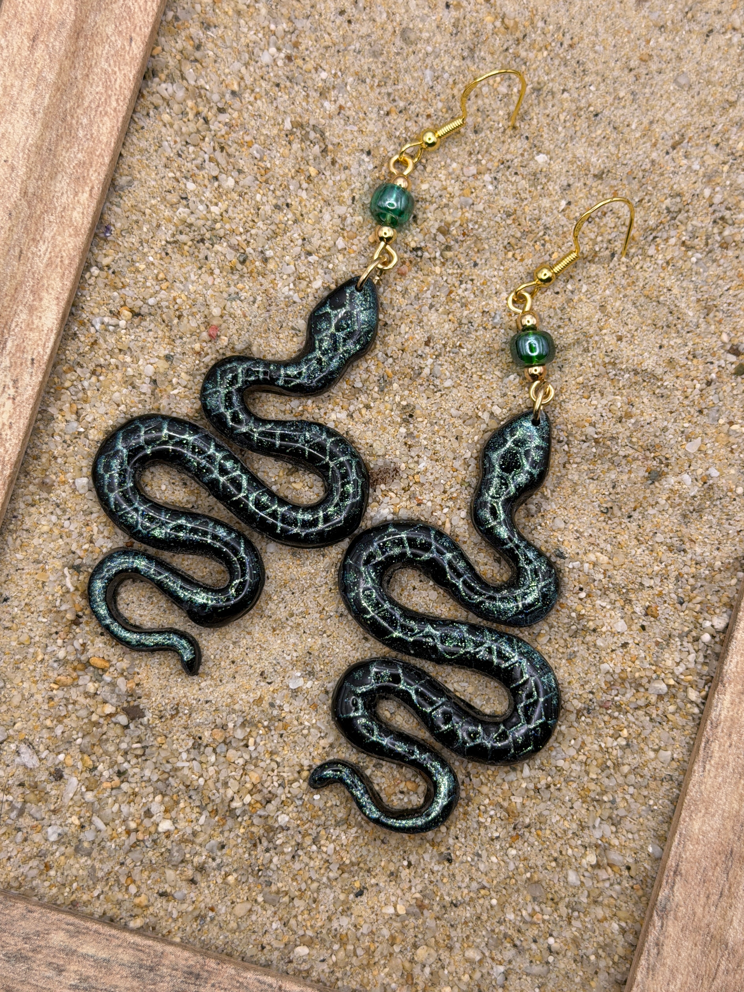 Salem-Shimmer Snake Earrings: Handmade, Hand-Painted Polymer Clay