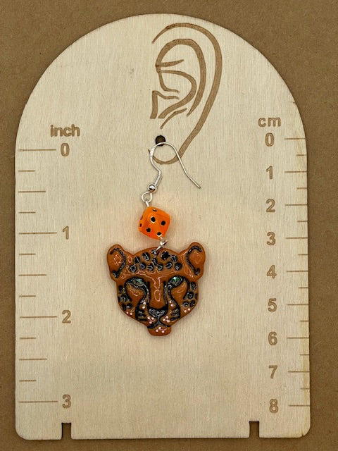 Tattoo-Cheetah Face Earrings with Dice Details: Handmade, Hand-Painted Polymer Clay