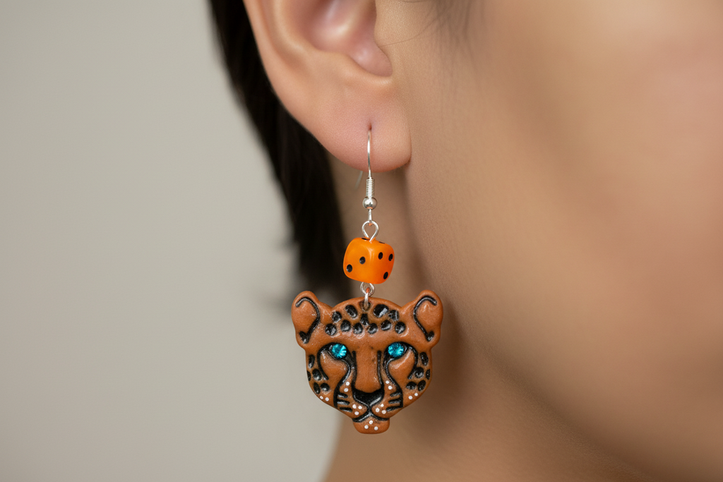 Tattoo-Cheetah Face Earrings with Dice Details: Handmade, Hand-Painted Polymer Clay