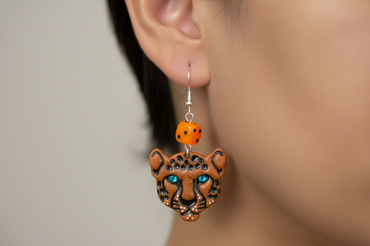 Tattoo-Cheetah Face Earrings with Dice Details: Handmade, Hand-Painted Polymer Clay