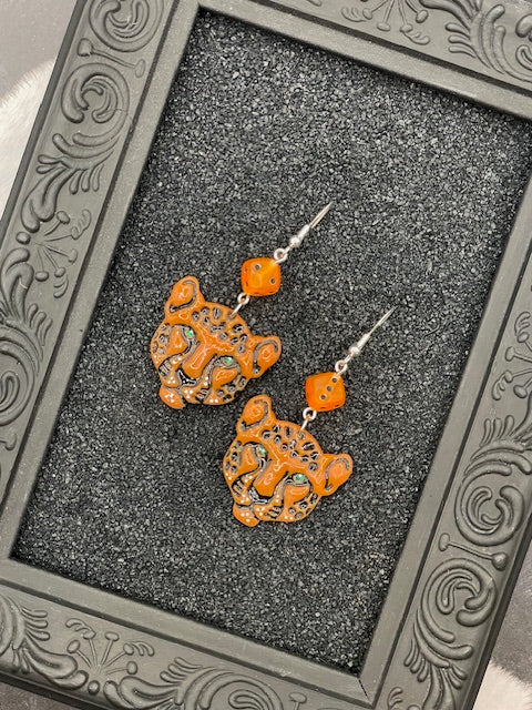 Tattoo-Cheetah Face Earrings with Dice Details: Handmade, Hand-Painted Polymer Clay