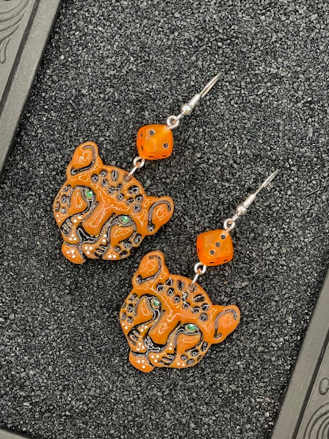 Tattoo-Cheetah Face Earrings with Dice Details: Handmade, Hand-Painted Polymer Clay