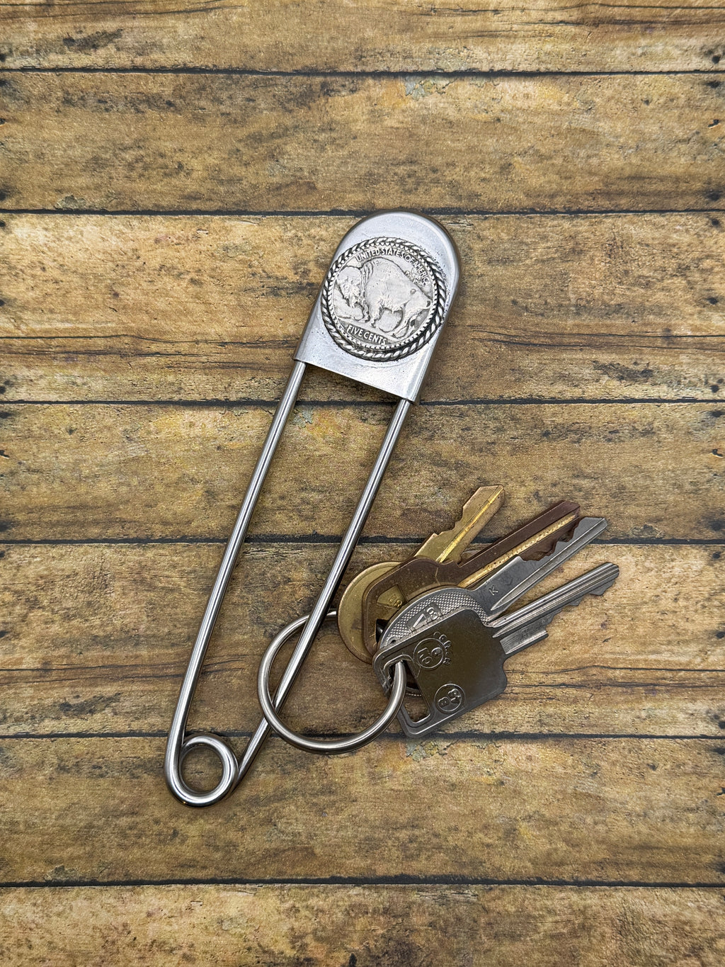 Buffalo-Jumbo Safety Pin Keychain with Buffalo Nickle 1936