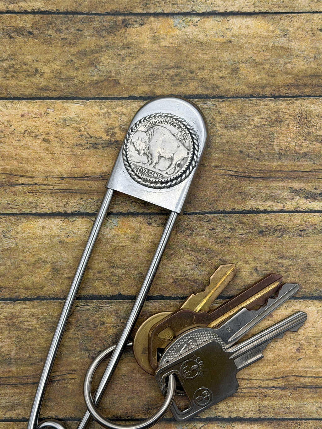 Buffalo-Jumbo Safety Pin Keychain with Buffalo Nickle 1936
