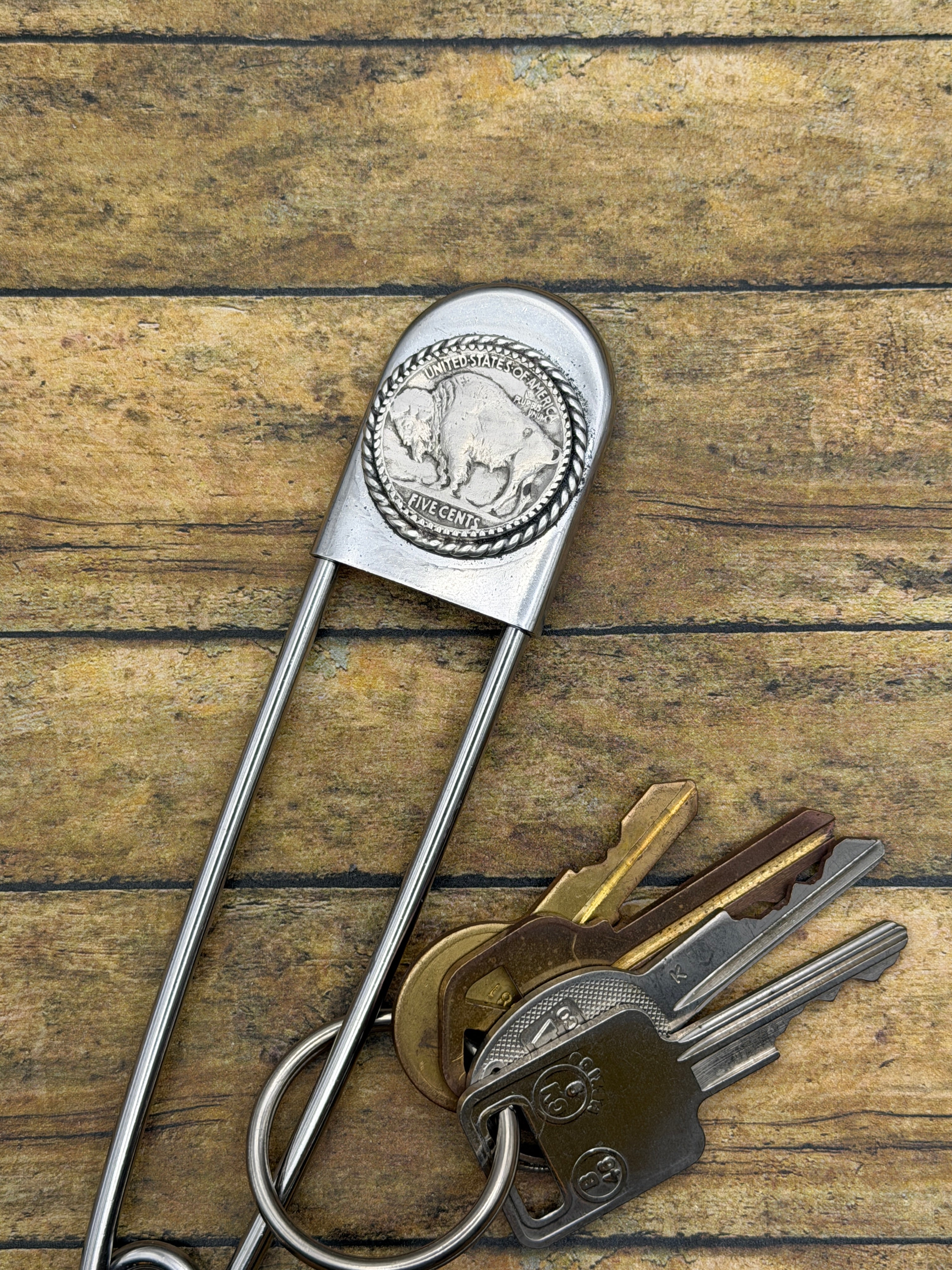 Buffalo-Jumbo Safety Pin Keychain with Buffalo Nickle 1936