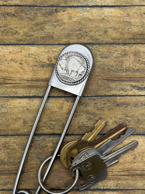 Buffalo-Jumbo Safety Pin Keychain with Buffalo Nickle 1936
