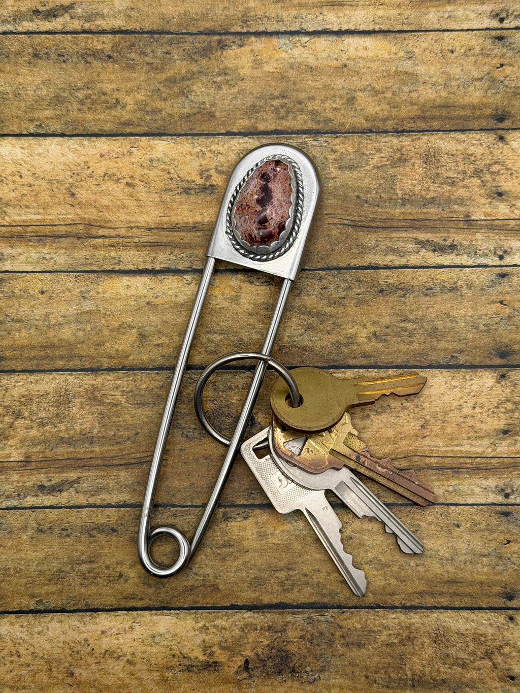 Franky-Jumbo Safety Pin Keychain with Mexican Fire Opal
