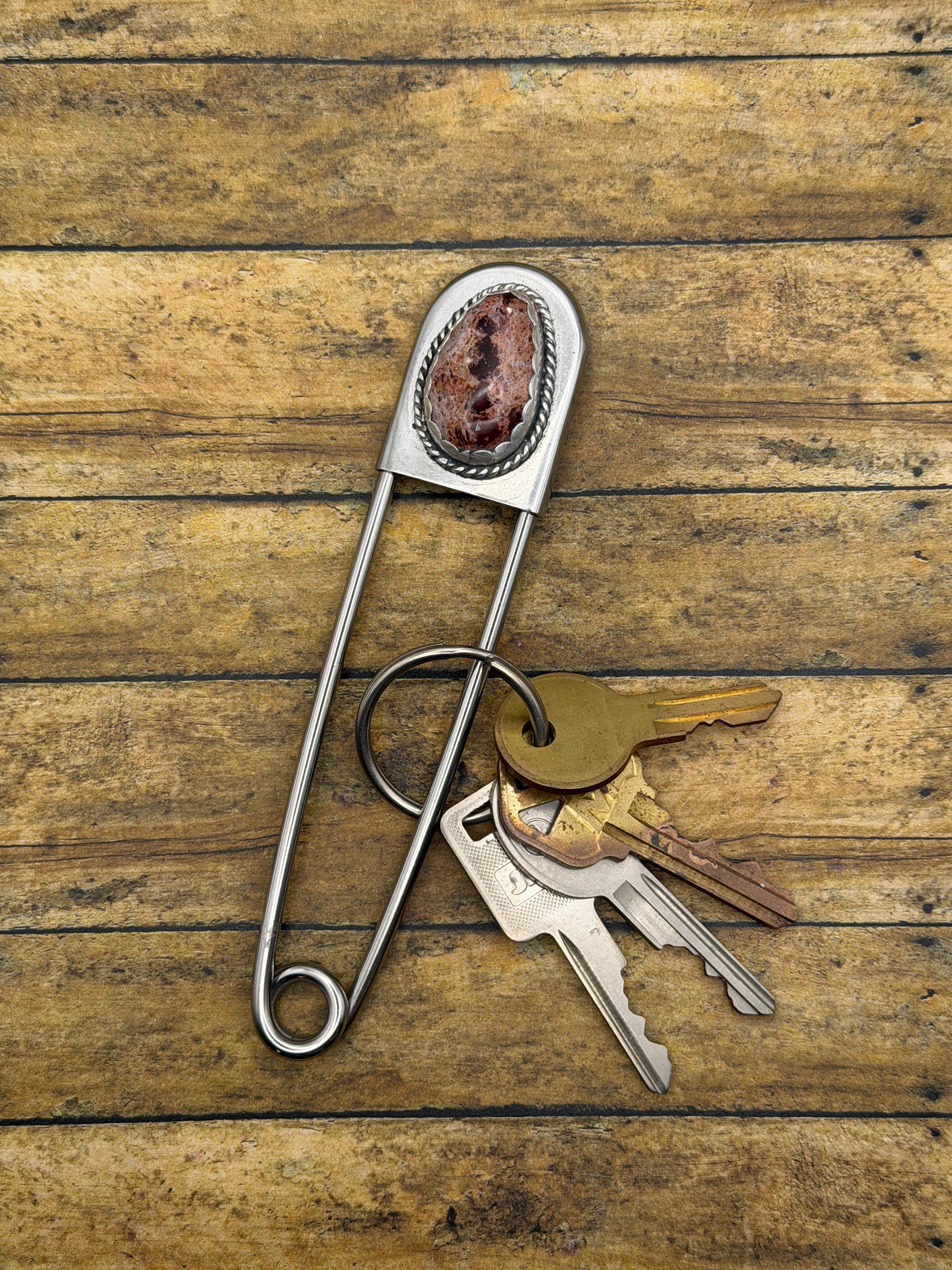 Franky-Jumbo Safety Pin Keychain with Mexican Fire Opal